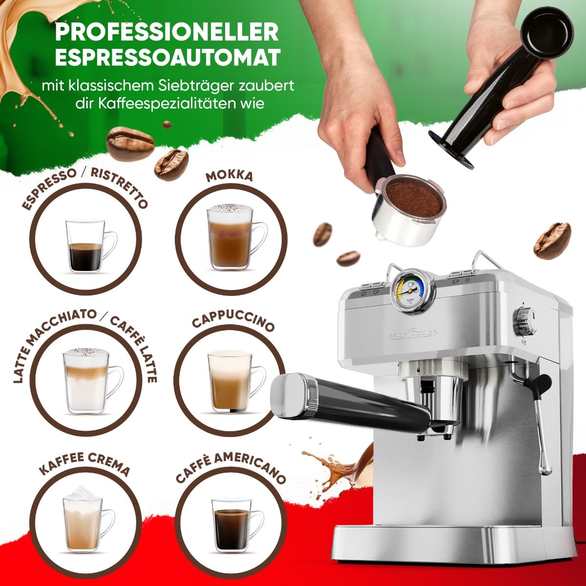 ProfiCook Espressomaschine | Espressoautomat inkl. Siebträger | italienische Profi-Espressopumpe 20 bar | für Kaffeepulver und Nespresso kompatible Kapseln | Kaffeemaschine Siebträger | PC ES 1267