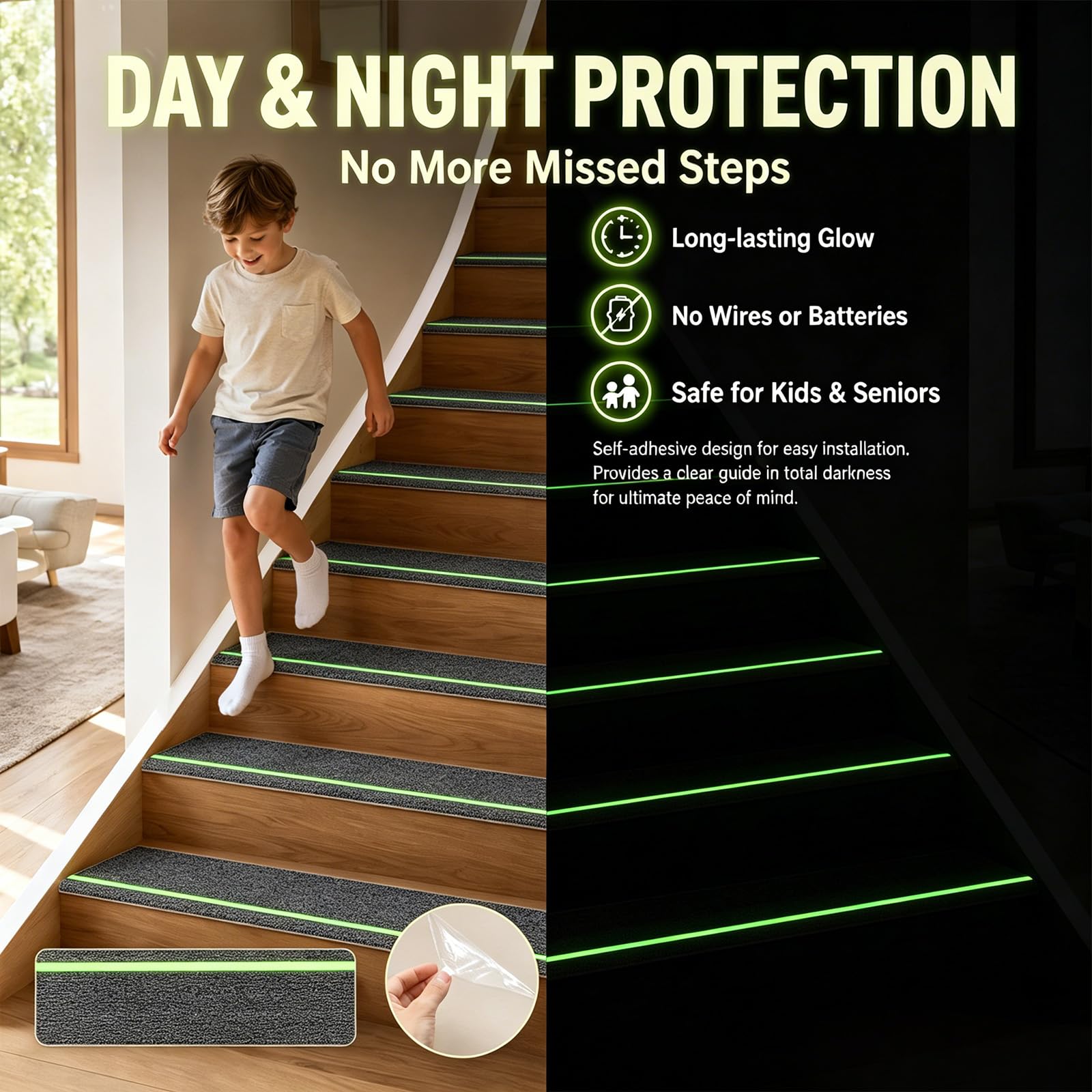15 Stück Treppenmatten mit Glow in Dark Streifen, Selbstklebende Stufenmatten 76x20cm für Holztreppen, Antirutsch Treppenteppich mit TPE Rückseite, für Kinder, Senioren & Haustiere (Dunkelgrau)