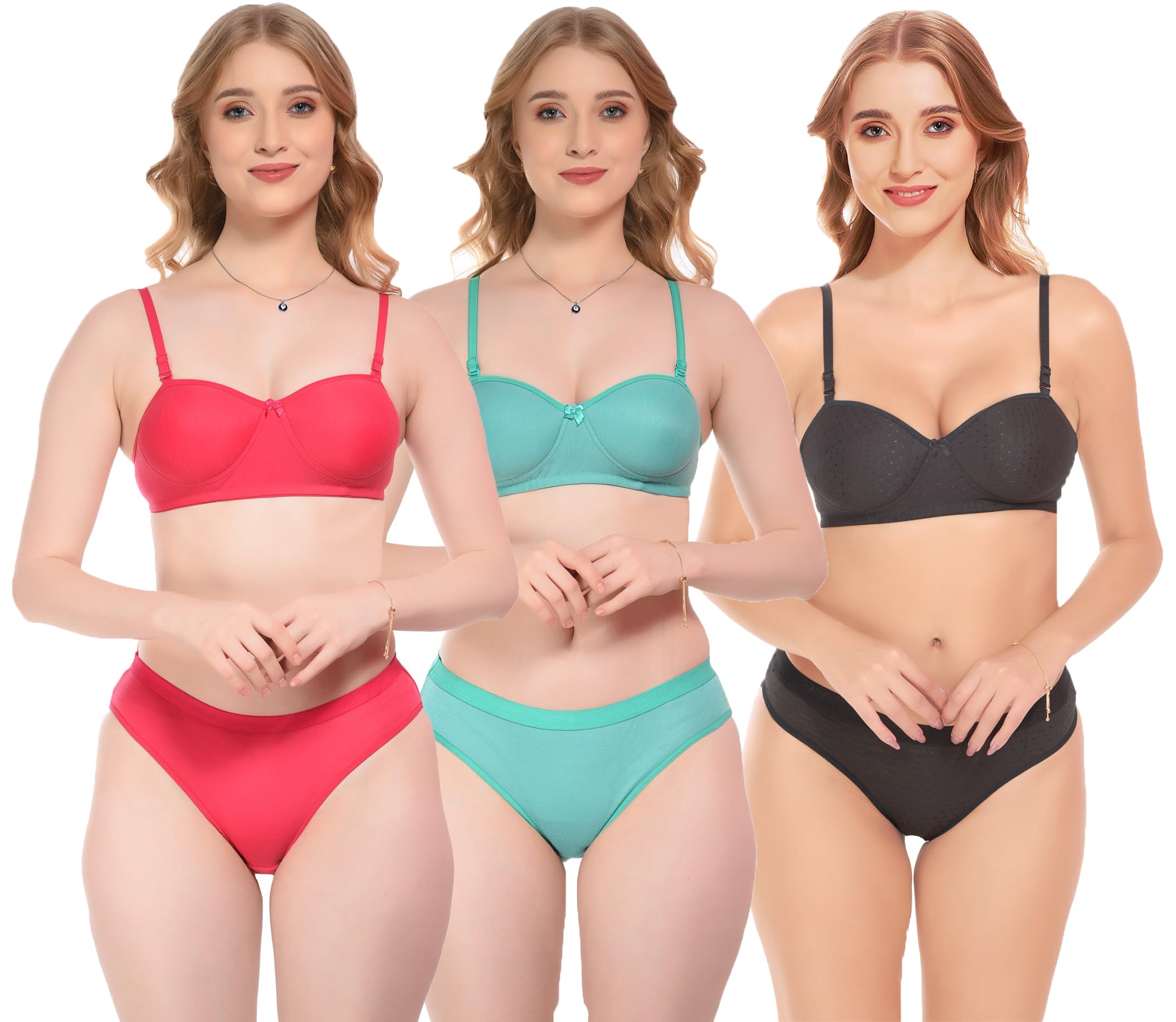 Bylko Hosiery Bikini Padded Bra & Panty Regular Lingerie Set for Women Combo Multicolor Pack of 3-image-5