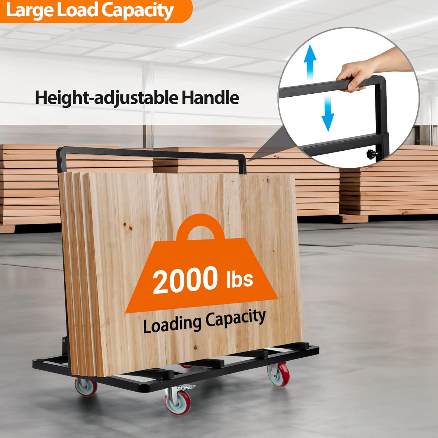 Folding Drywall Dolly w/ 5" Swivel Casters, 44.5" x 22" x 40" Plywood Cart w/ 2000 LBS Load Capacity, Portable Panel Truck Cart for Handling Plywood, Plasterboard, Glass