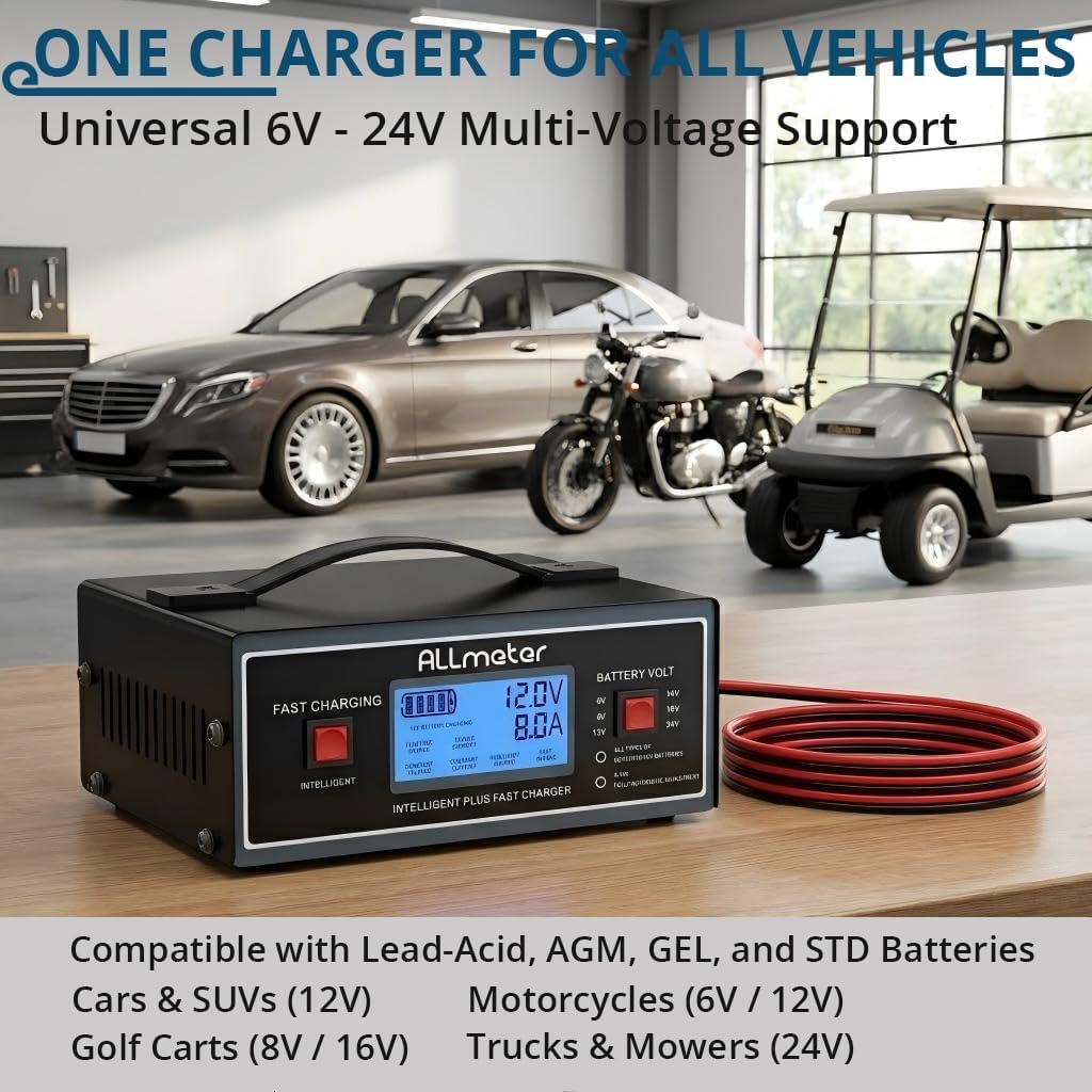 8 Volt Battery Charger - Smart Fully Automatic 0-14A Maintainer for 8V Golf Cart & Automotive Batteries, Also Charges 6/12/14/16/24V AGM, Gel, Lead-Acid