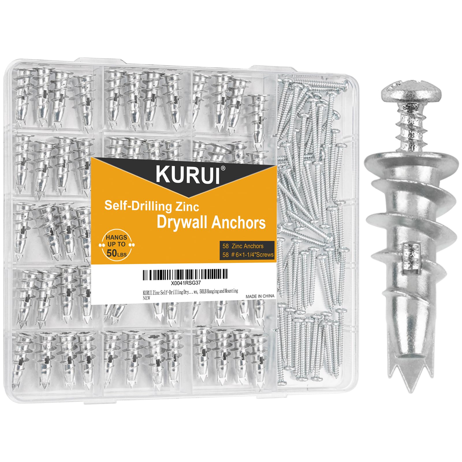 KURUI Metal Self Drilling Drywall Anchors 116PCs Shatter-Resistant Wall Anchors and Screws Kit 58 Heavy Duty Sheetrock Anchors