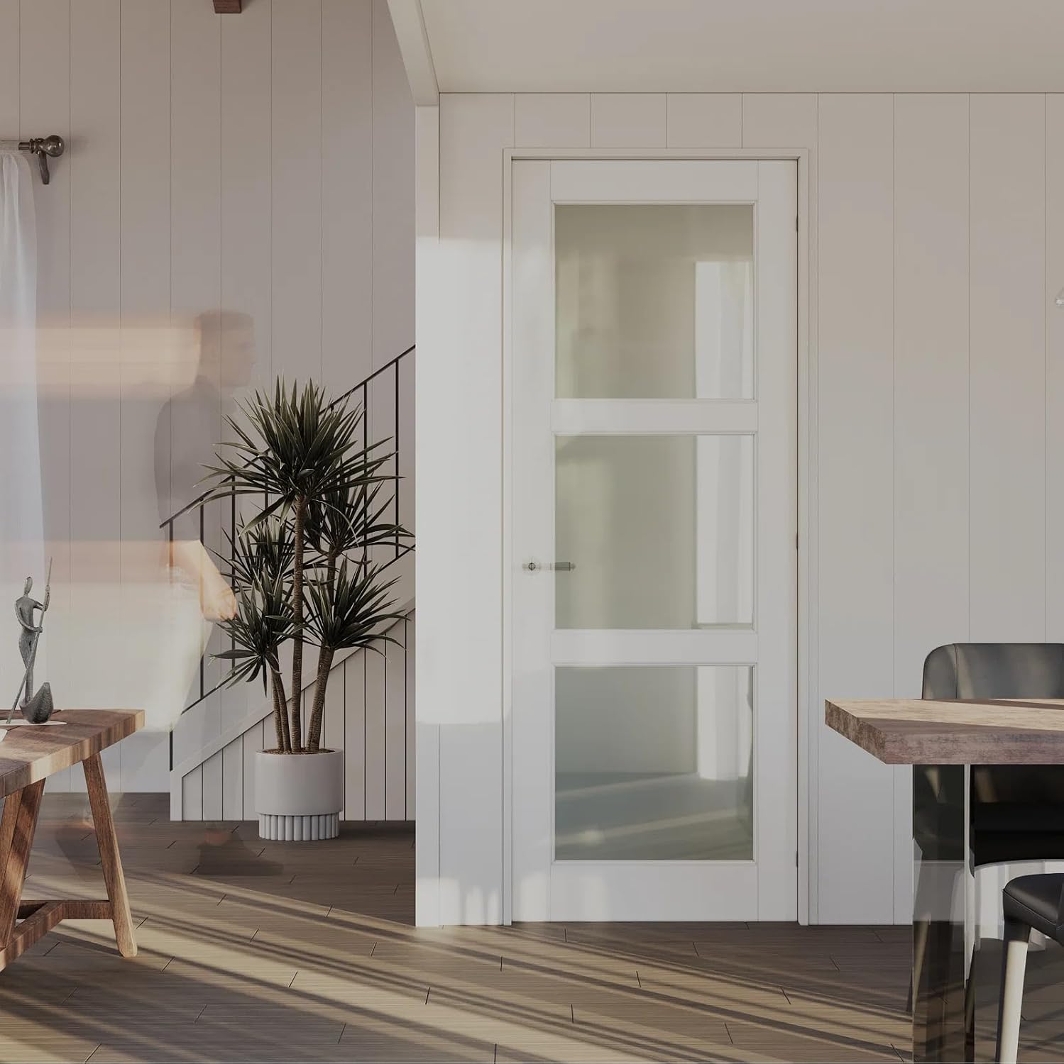 3-Lite Frosted Glass Prehung Interior Door Solid Core Pantry Door White Slab, 36"×80", Only Door Slab Included