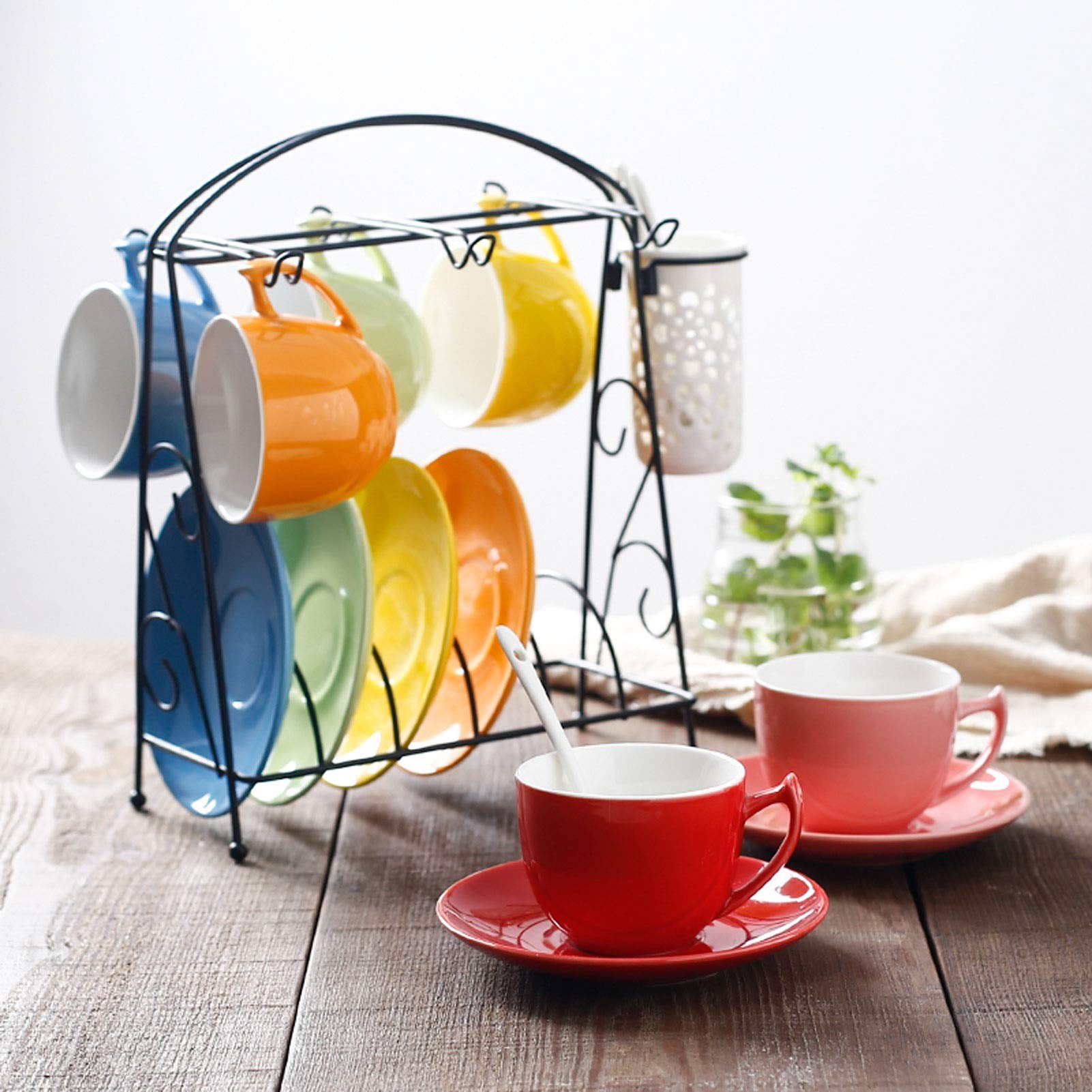 HASMI Kaffeetasse Regenbogen-Farbe Keramik-Kaffee-Tee-Geschenk-Set hell farbige Latte-Tasse, Teetasse, Untertasse und Teelöffel (Aufnahme von 6 Personen), mit Stand Teetasse