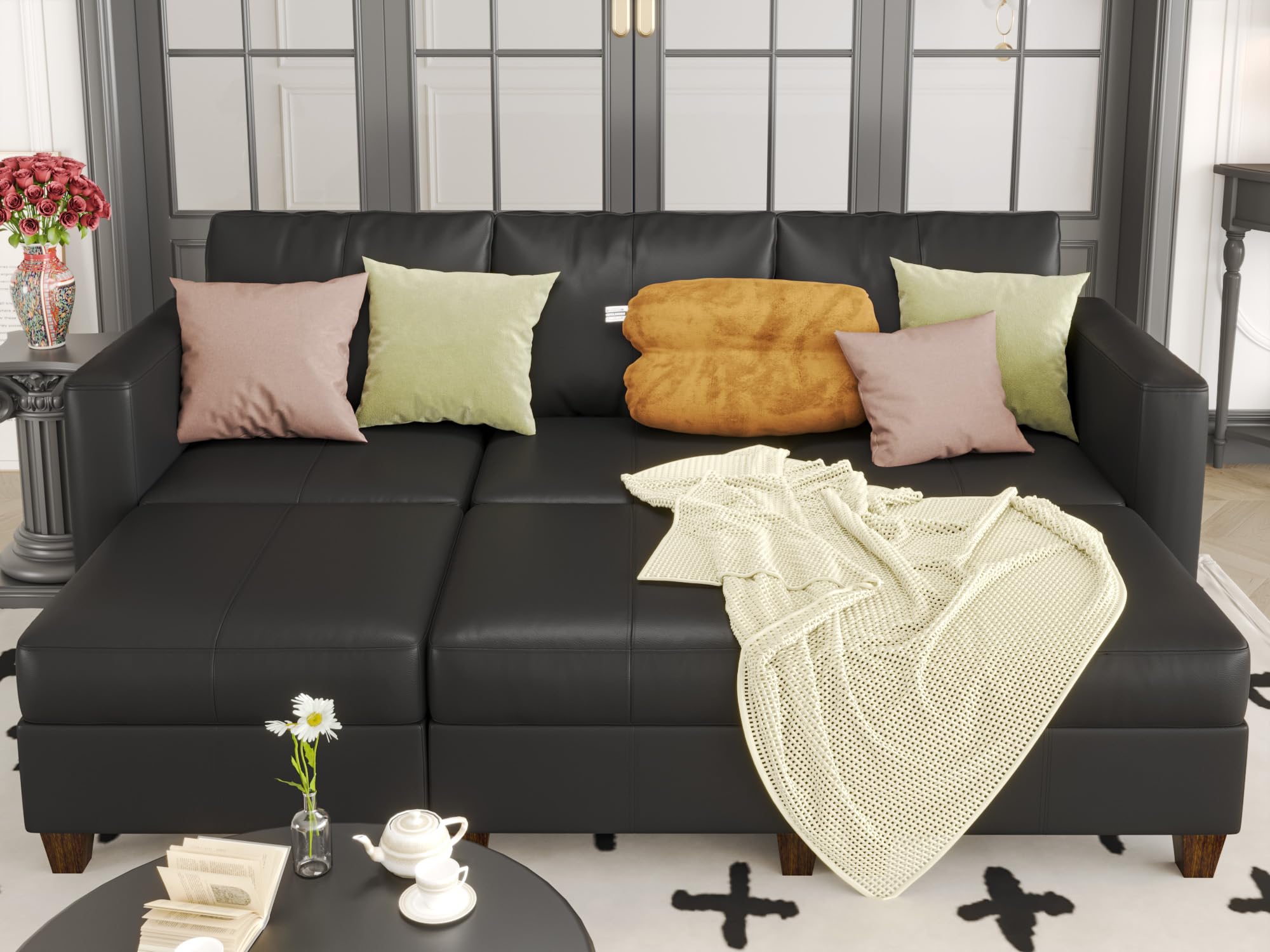 EASE MOOSE Faux Leather Sectional Sleeper Couch with Storage, Faux Leather Modular Sofa Bed Couch