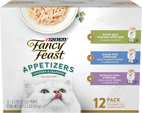 Fancy Feast Purina - Alimento húmedo para gatos sin granos, paquete variado de aperitivos (2 paquetes de 12) bandejas de 1.1 onzas