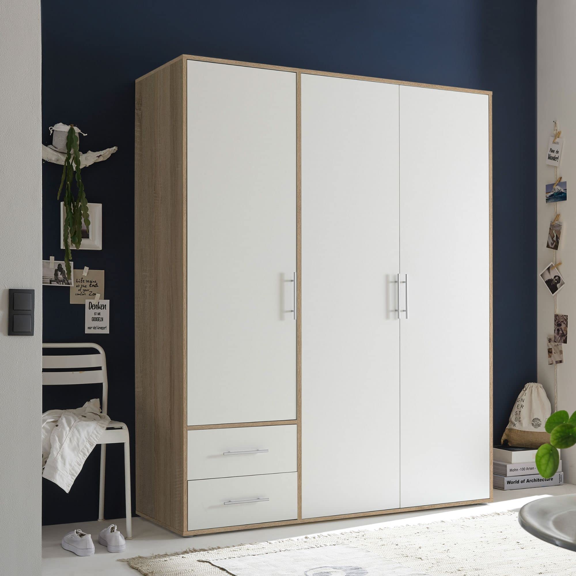 VALENCIA, Armadio effetto rovere Sonoma, bianco, a 3 ante molto capiente, versatile con ante a battente, per la vostra camera da letto, 155 x 195 x 60 cm, L x A x P