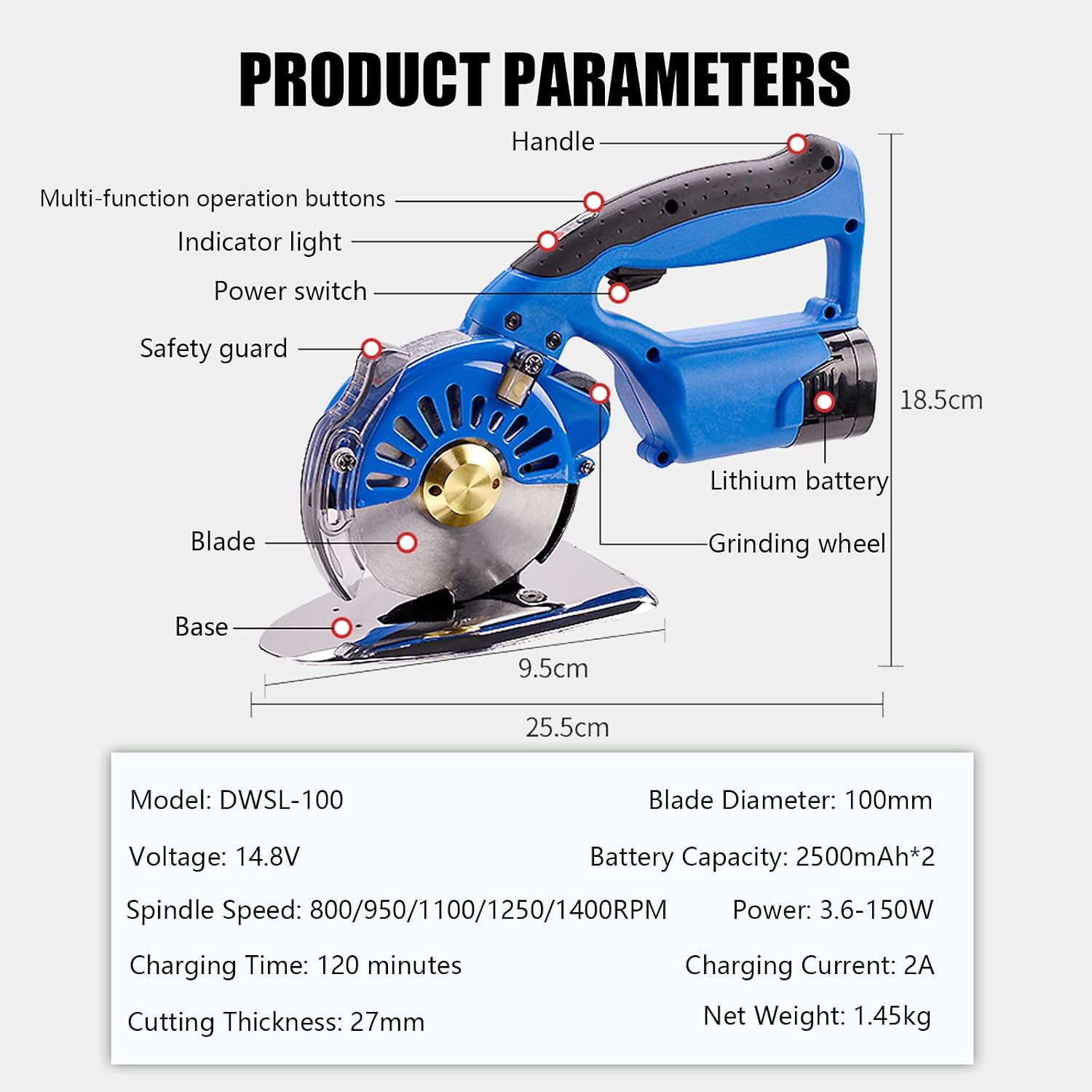 Electric Rotary Fabric Cutter | 5-Speed Adjustable Cordless Cloth Cutting Machine with 2×2500mAh Battery & LED Light, 27MM/32MM/40MM Cutting Thickness, for Multi-Layer Cloth Fabric Leather,10