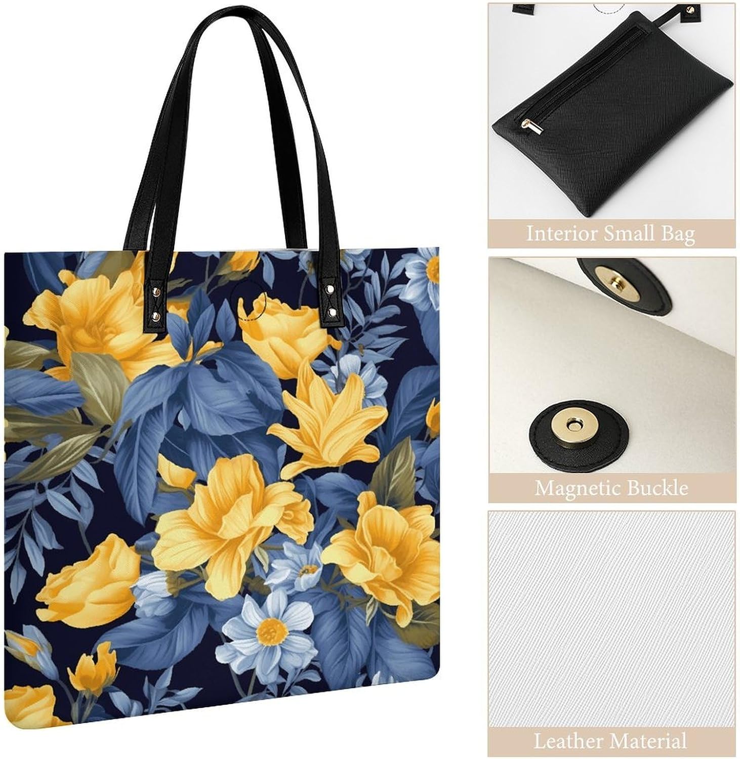 Blue Base Yellow Floral Tote Bag with Magnetic Buckle Reusable Grocery Bags Lightweight Cross Body Handbag for Daily Essentials