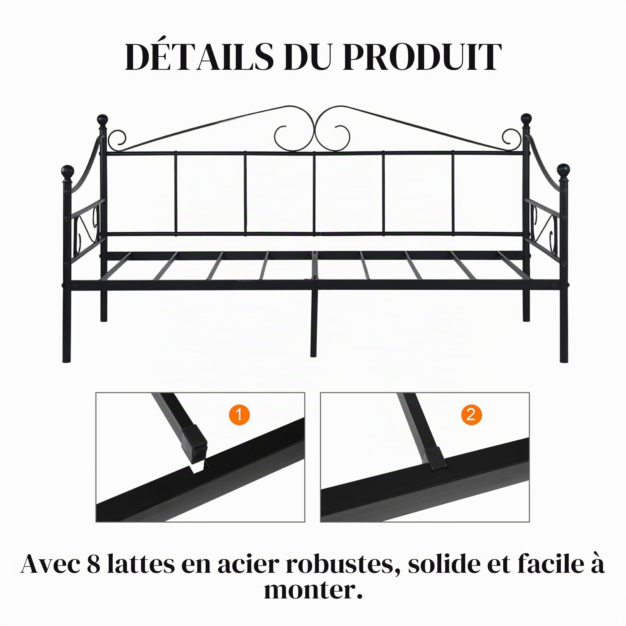 Lit Banquette 90x190 Simple en Métal Banquette Lit Canapé pour Matelas de 90x190 cm, Sofa Bed Daybed Canapé-Lits en Fer Forgé Pas Besoin de Sommier pour Chambre/Salon/Véranda/Jardin/Noir(Style A)