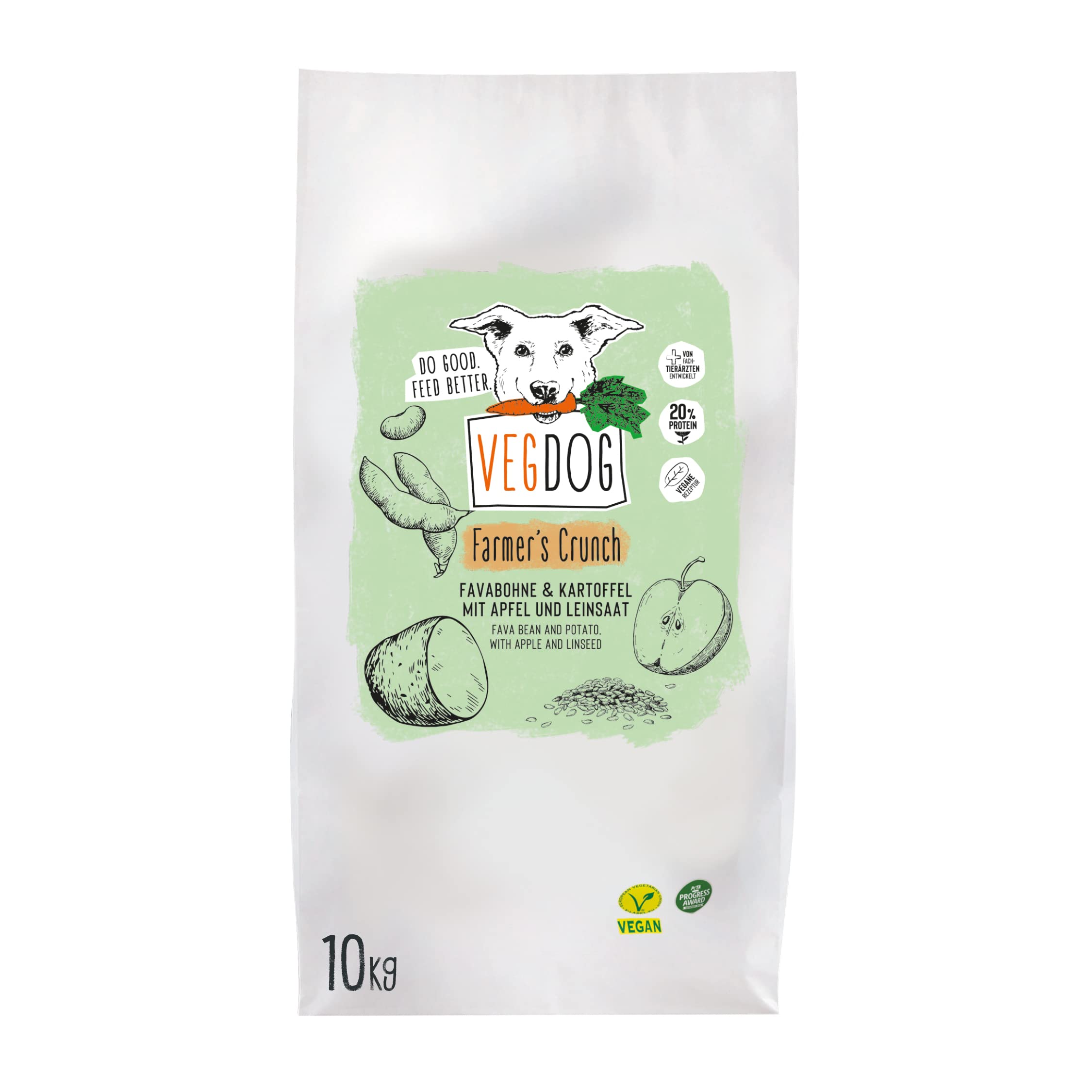 VEGDOG Farmer's Crunch hypoallergenes Trockenfutter (10 kg) | Adulte Hunde| ohne Gluten und Soja, purinarm | Alleinfutter für Allergiker mit Kartoffelprotein