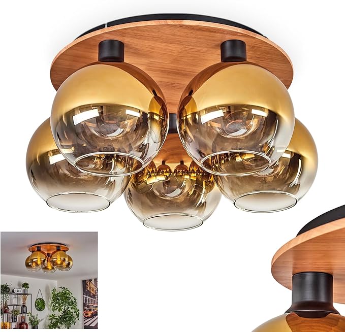 hofstein Plafondlamp Koyoto, plafondlamp van metaal/hout/glas in zwart/natuur/goudkleurig/helder, lamp in retro/vintage design met kappen van glas (Ø 20 cm), 5 x E27, zonder lamp