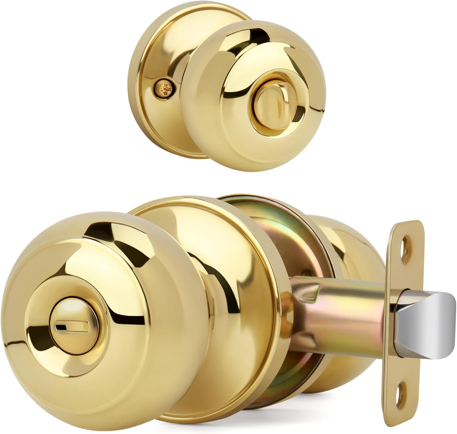 Flat Ball Door Knob with Lock, Keyless Privacy Round Design Doorknob for Bathrooms/Bedrooms, Polished Brass Finish
