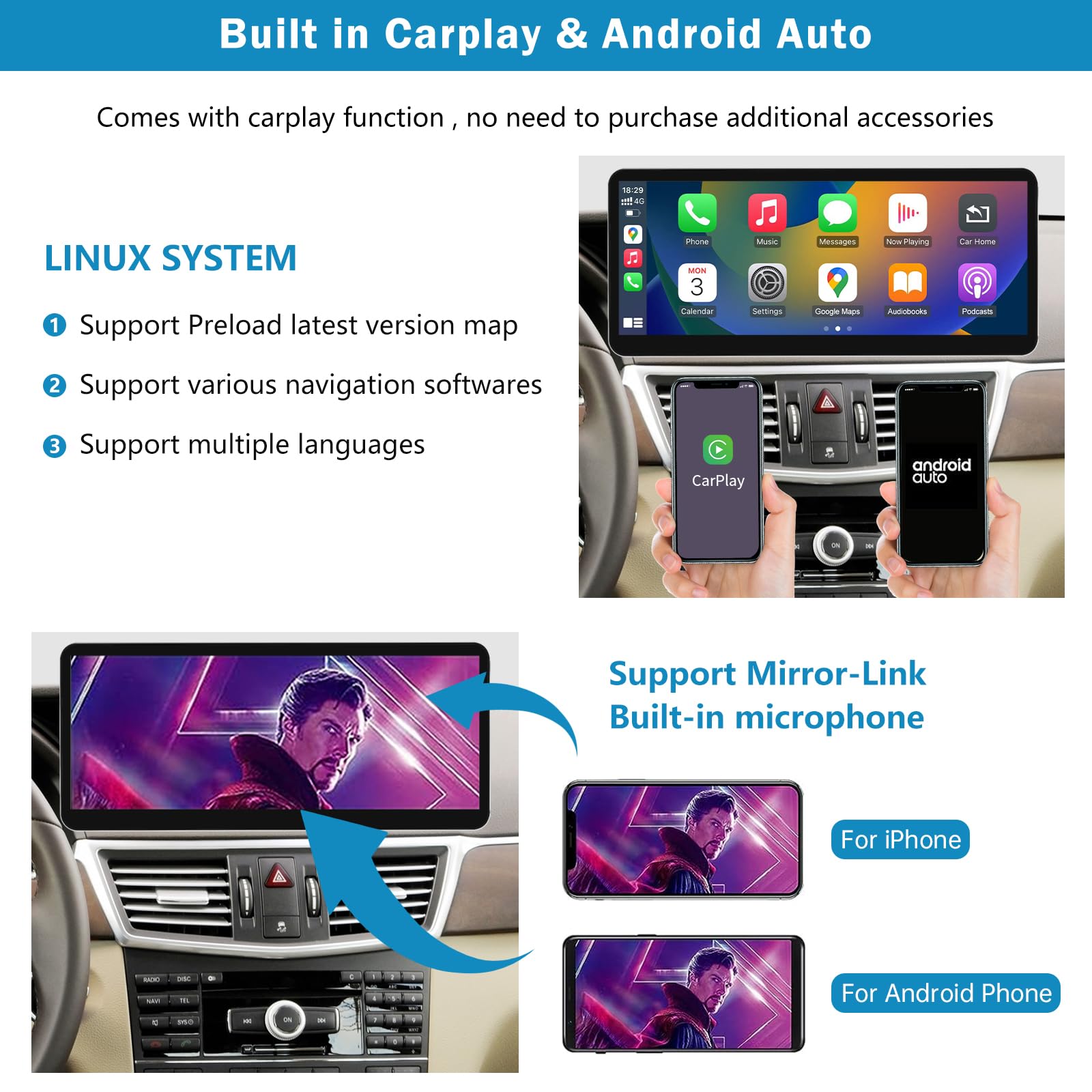 Radio samochodowe 12,3 cala z ekranem dotykowym i bezprzewodową funkcją Carplay i Android Auto dla Mercedesa Benz klasy E W212 z lat 2009-2011 NTG4.0, obsługuje Mirrorlink, kamerę i nawigację