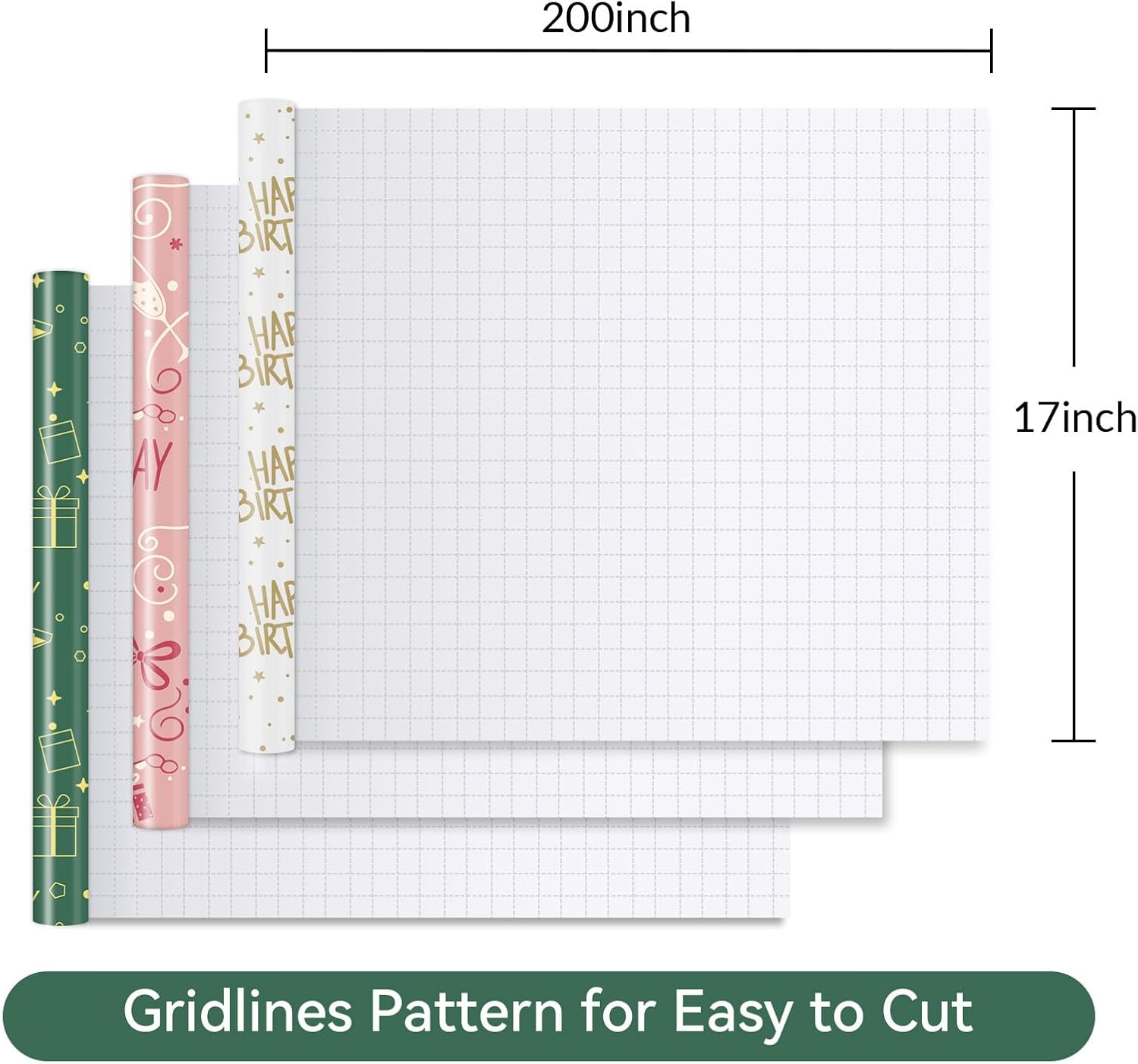 Lenpel Birthday Wrapping Paper Roll 3-Pack, 17 x 200 Inch Gift Wrap in Pink, Green & Gold, Birthday Wrapping Paper for Women, Kids and Adults, Perfect for Birthday Gift Wrapping