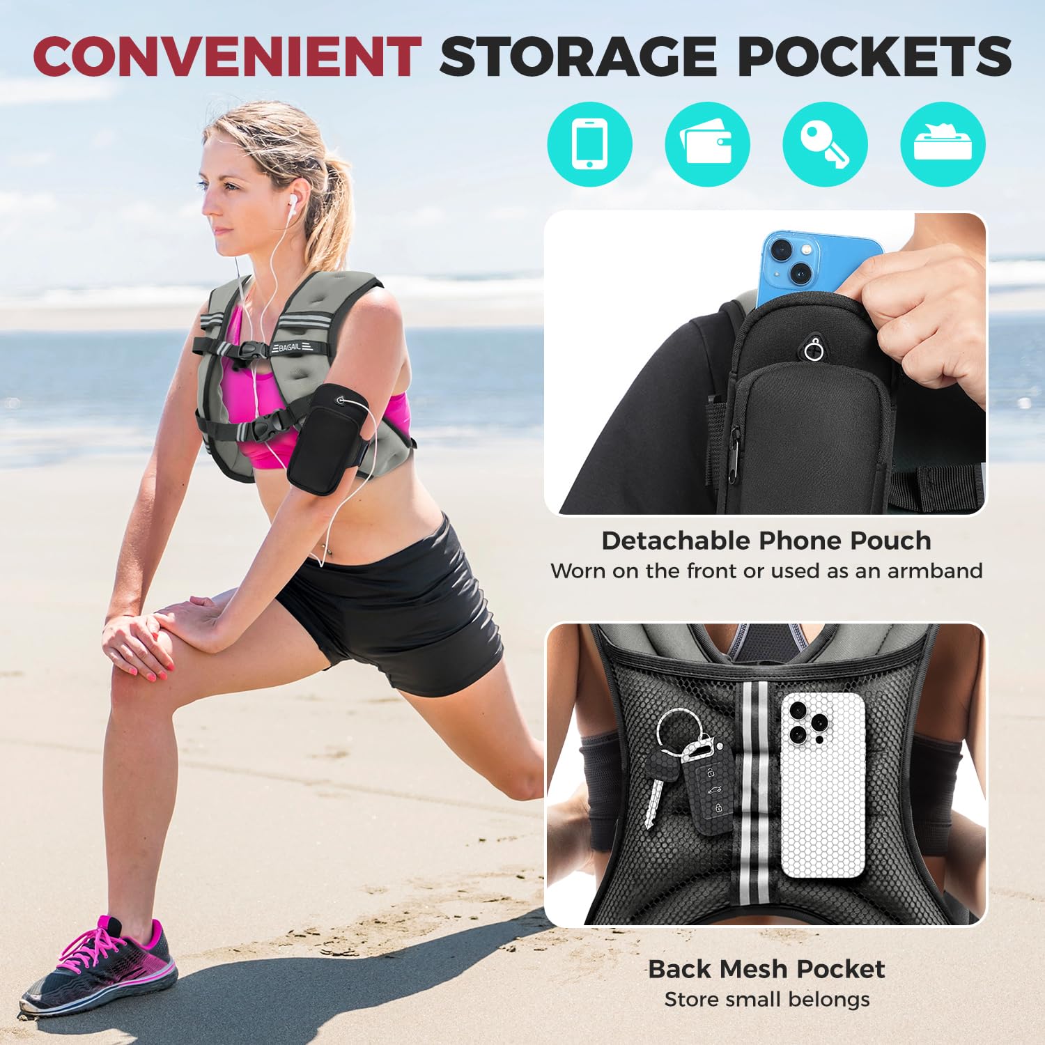 Bagail Gilet Appesantito Per l'Allenamento Della Forza, Misura Del Busto Regolabile, Comoda Tasca, Gilet Appesantito Con Sabbia di Ferro, Ideale per la palestra, lo yoga e l'aerobica