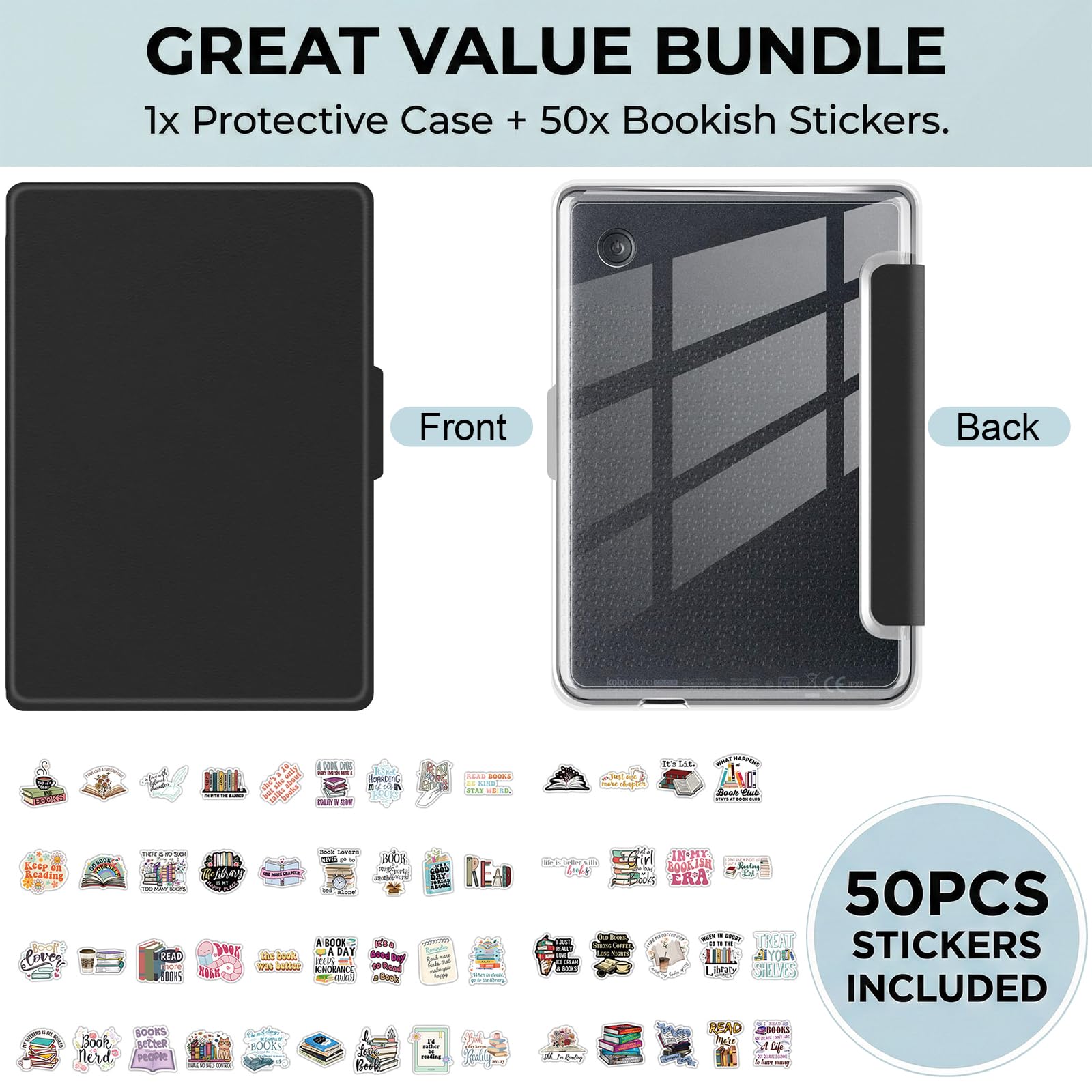 Funda para lector electrónico, compatible con Tolino Shine Color/Shine 5/4 y Kobo Clara Colour/BW/2E, delgada, sueño/despertar automático, incluye 50 pegatinas retro para lectura - 2