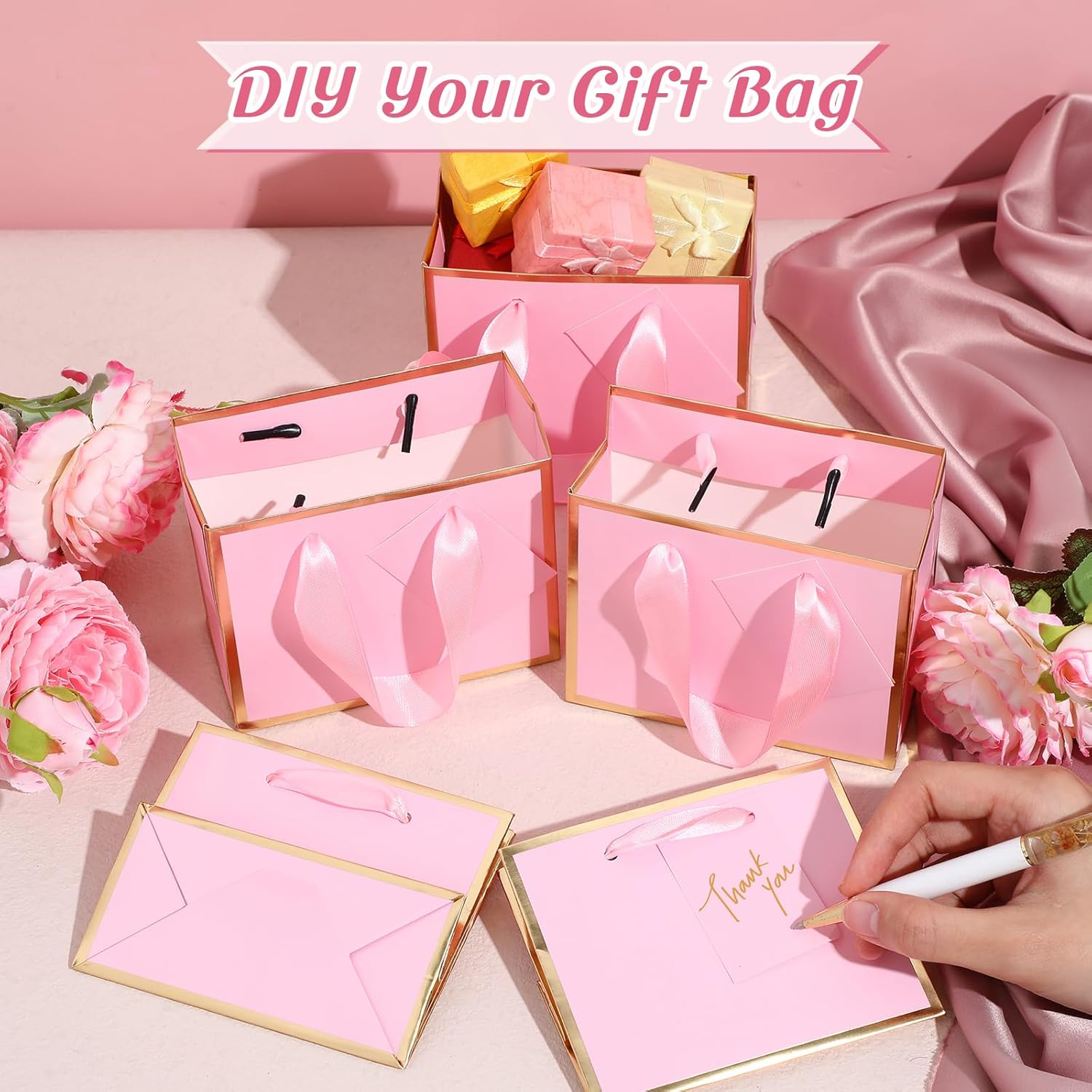 Yeaqee 50 Pcs Mini Metallic Paper Gift Bags with Handle 4x4.75x2.2'' Small Gift Bag DIY Tag Thank You Party Favor for Mother's Day Wedding Graduation Baby Shower Birthday Jewelry (Pink,Gold)