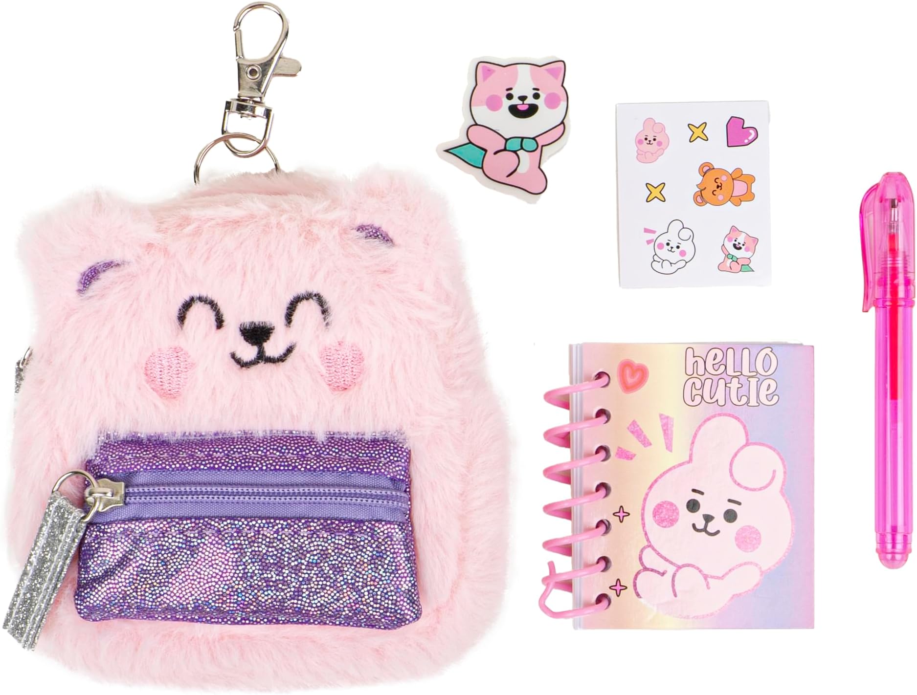 VOTUM Pink Bear Keychain Charm for Backpacks, Purses, Handbags, Car Keys with Stationery Set - Includes Mini Notebook, Gel Pen, Eraser, Stickers - Portable & Fun Gift for Tweens & Adults Ages 8+