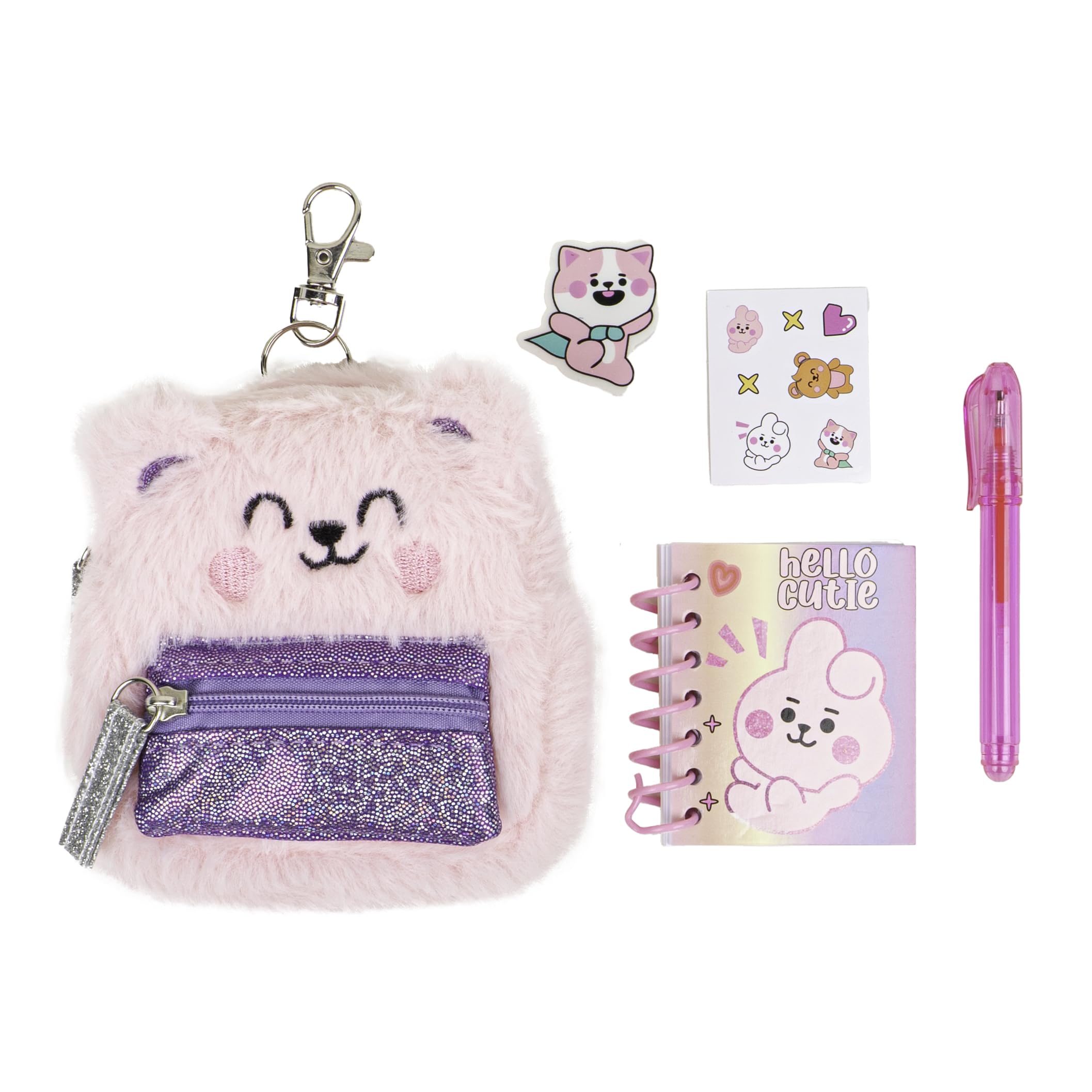 VOTUM Pink Bear Keychain Charm for Backpacks, Purses, Handbags, Car Keys with Stationery Set - Includes Mini Notebook, Gel Pen, Eraser, Stickers - Portable & Fun Gift for Tweens & Adults Ages 8+