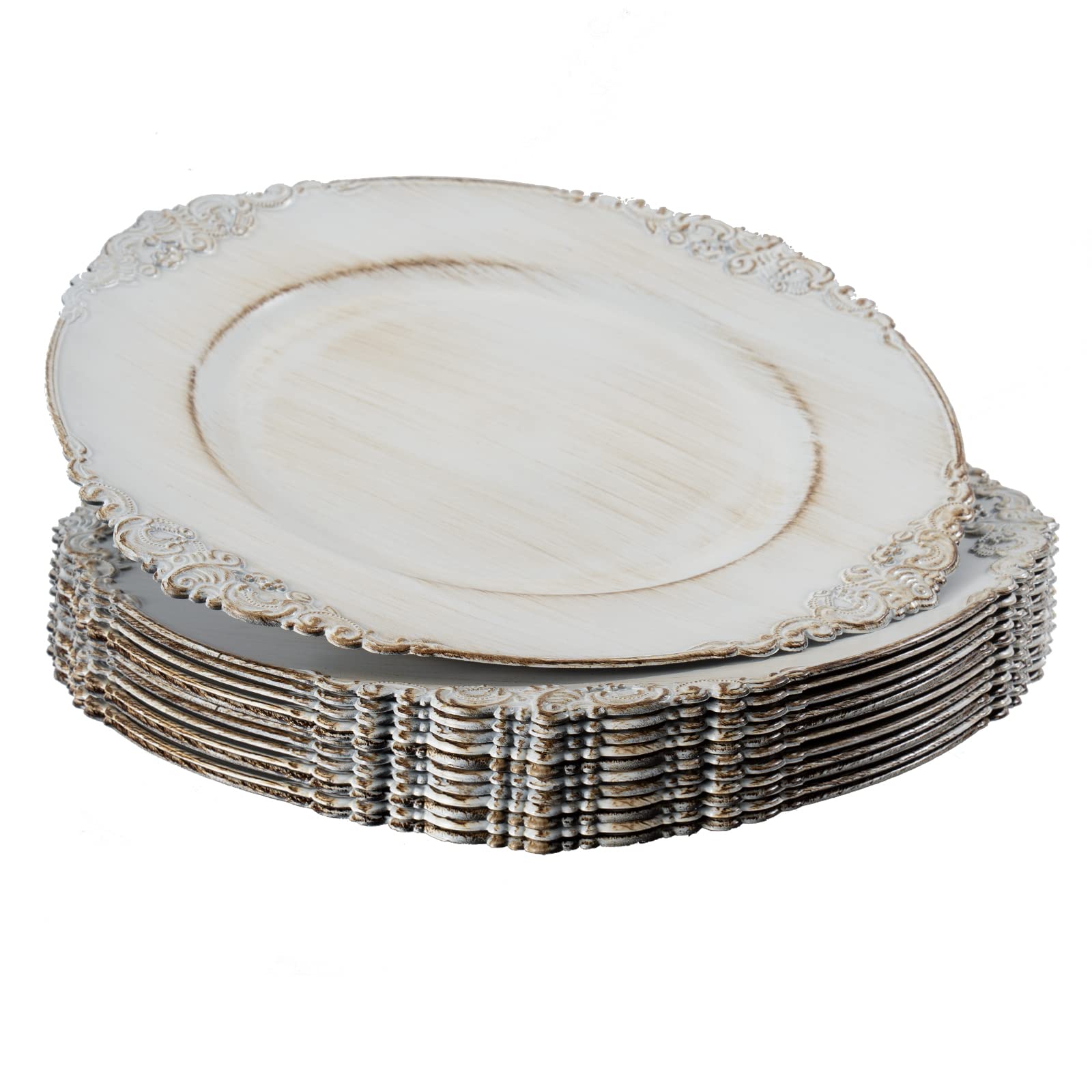 MAONAME Set di 12 piatti di ricarica rotondi per piatti piani, 33 cm, in plastica, colore bianco anticato