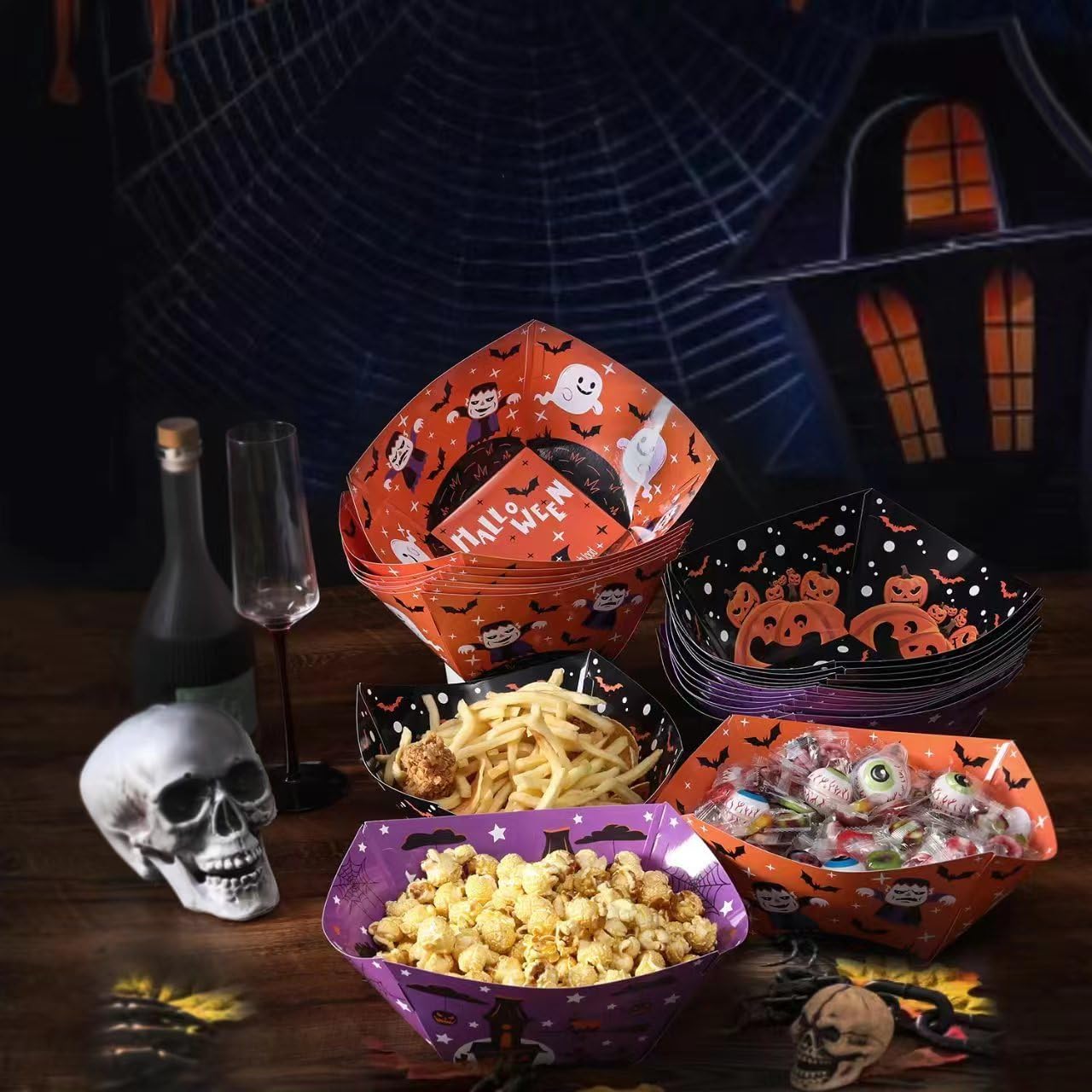 24 Pcs Halloween Paper Food Trays and Boats - Party Serving Bowls, Disposable Snack Candy Holder, Halloween Party Supplies