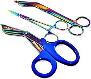 Multi Titanium Rainbow Lister Bandage Scissors 5.5 inch plus Straight Hemostat plus EMT Shears CYNAMED
