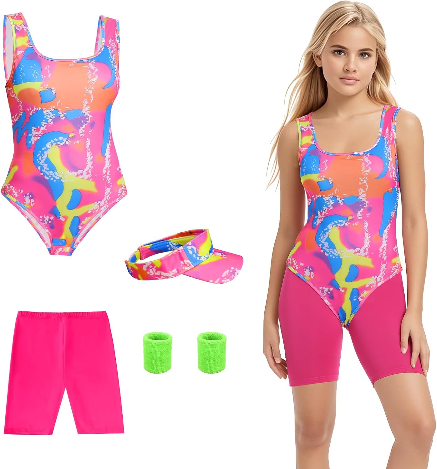 80s Girls Workout Costume,Kids 80s Outfit, Swimwear Suit for Halloween Party Cosplay 160