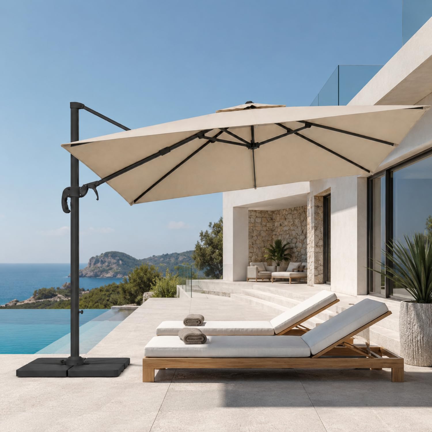 Ombrellone Da Giardino 3X3 M Con Braccio Retrattile Per Esterni Piscina Terrazze Bar Hotel Gazebo In Acciaio Inossidabile Con Braccio Rotabile 360° Impermeabile E Resistente Ai Raggi UV Beige