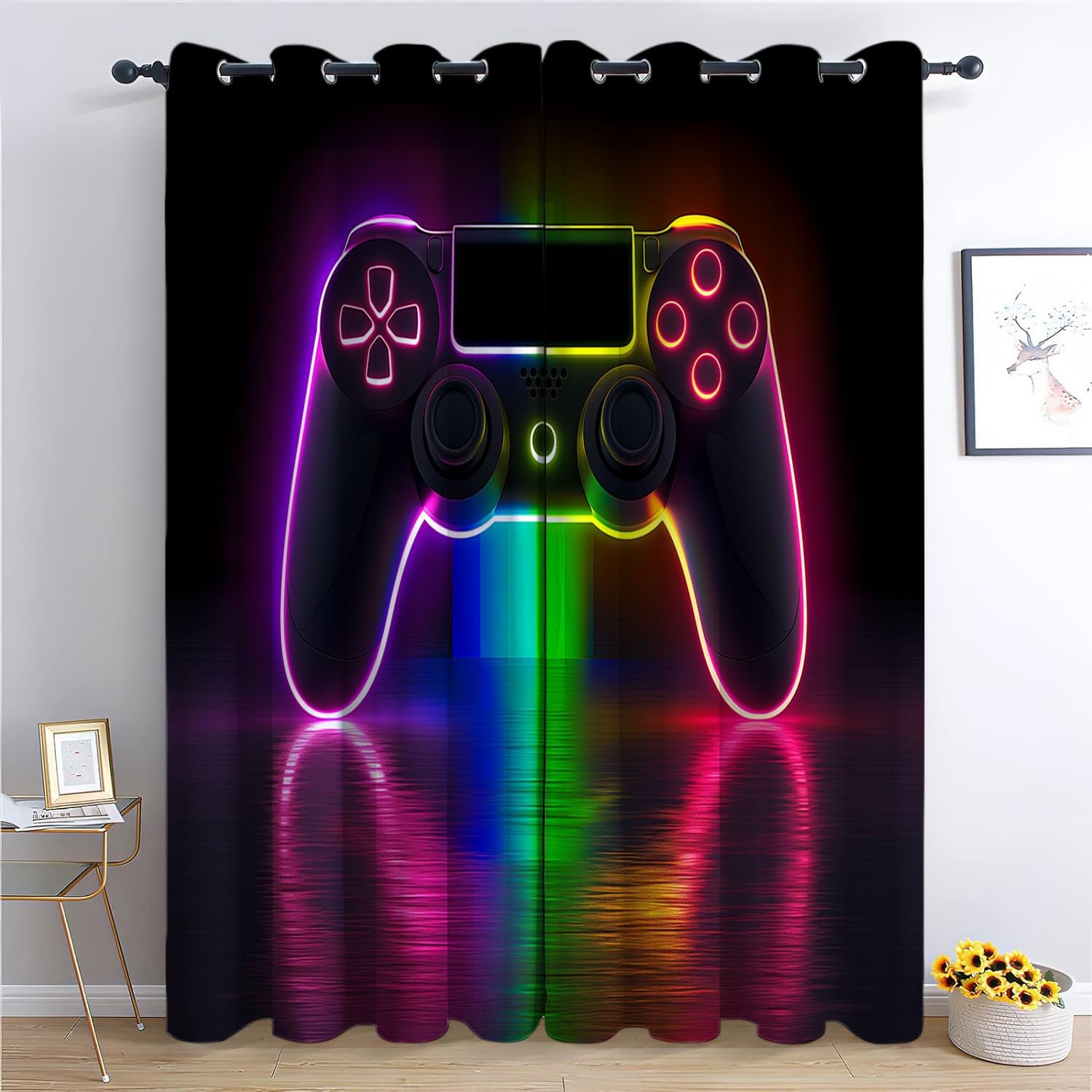 3D Cartoon Game Controller Blackout Curtains for Living Room Dark Eyelet Curtains, Blackout Curtains for Bedroom, Thermal Insulated Kids Blackout Curtains, 183(W) X 214(L) cm