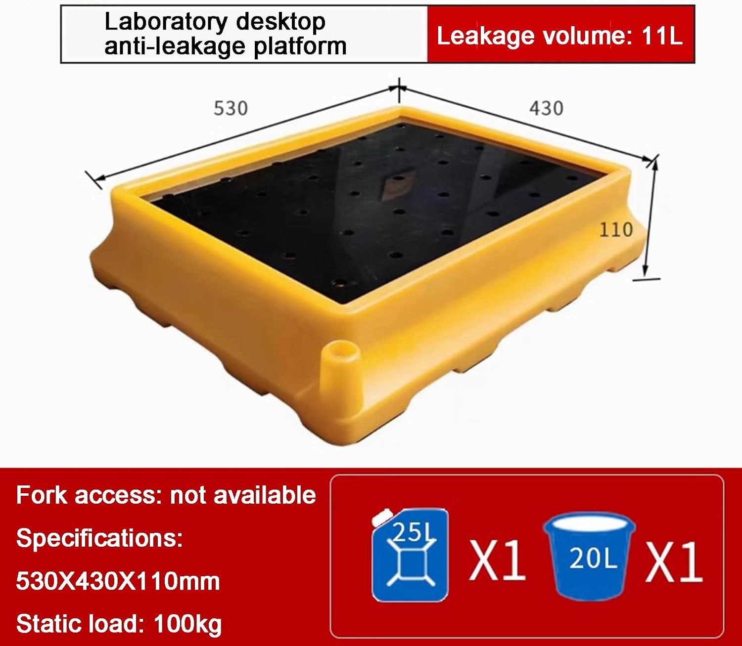 Yellow & Black Spill Containment Platform - Low Profile Stackable Polyethylene Pallet, Heavy-Duty Load Capacity Spill Tray (530x430x110mm) for Industrial Safety