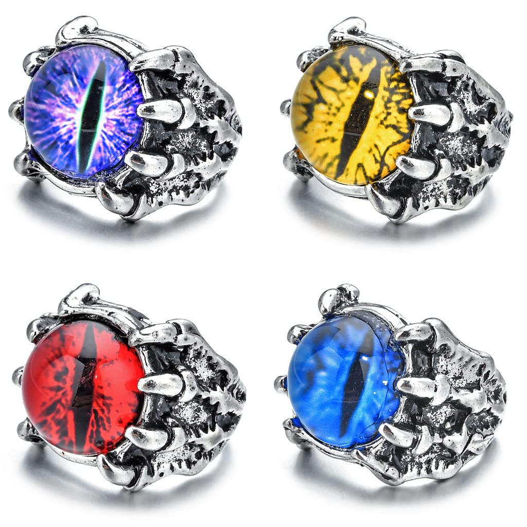 Ouceanwin 4 piezas Punk Anillos con Ojos Dragón Demonio, Vintage Anillo de Plata Gótico Anillo Ajustable, Retro Anillo Abierto Joyería para Hombres y Mujeres