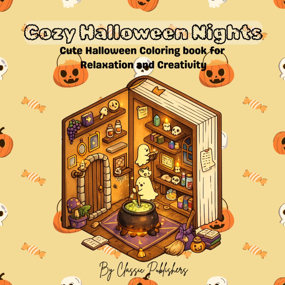 Cozy Halloween Nights Colouring book: Cute and simple Pages for Relaxation and Creativity