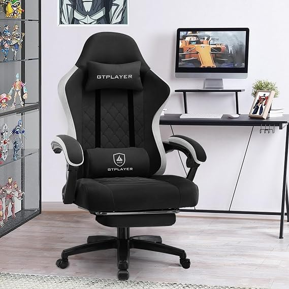GTPLAYER Fabric Gaming Chair with Footrest, Ergonomic Computer Desk Chair with Pocket Spring Cushion Home Office High Back Support Lumbar Support Heavy Duty Wide，Dark Black