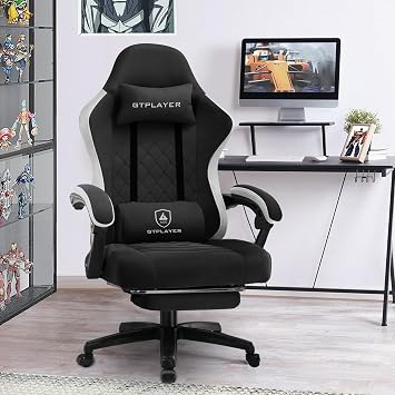 GTPLAYER Fabric Gaming Chair with Footrest, Ergonomic Computer Desk Chair with Pocket Spring Cushion Home Office High Back Support Lumbar Support Heavy Duty Wide,Dark Black