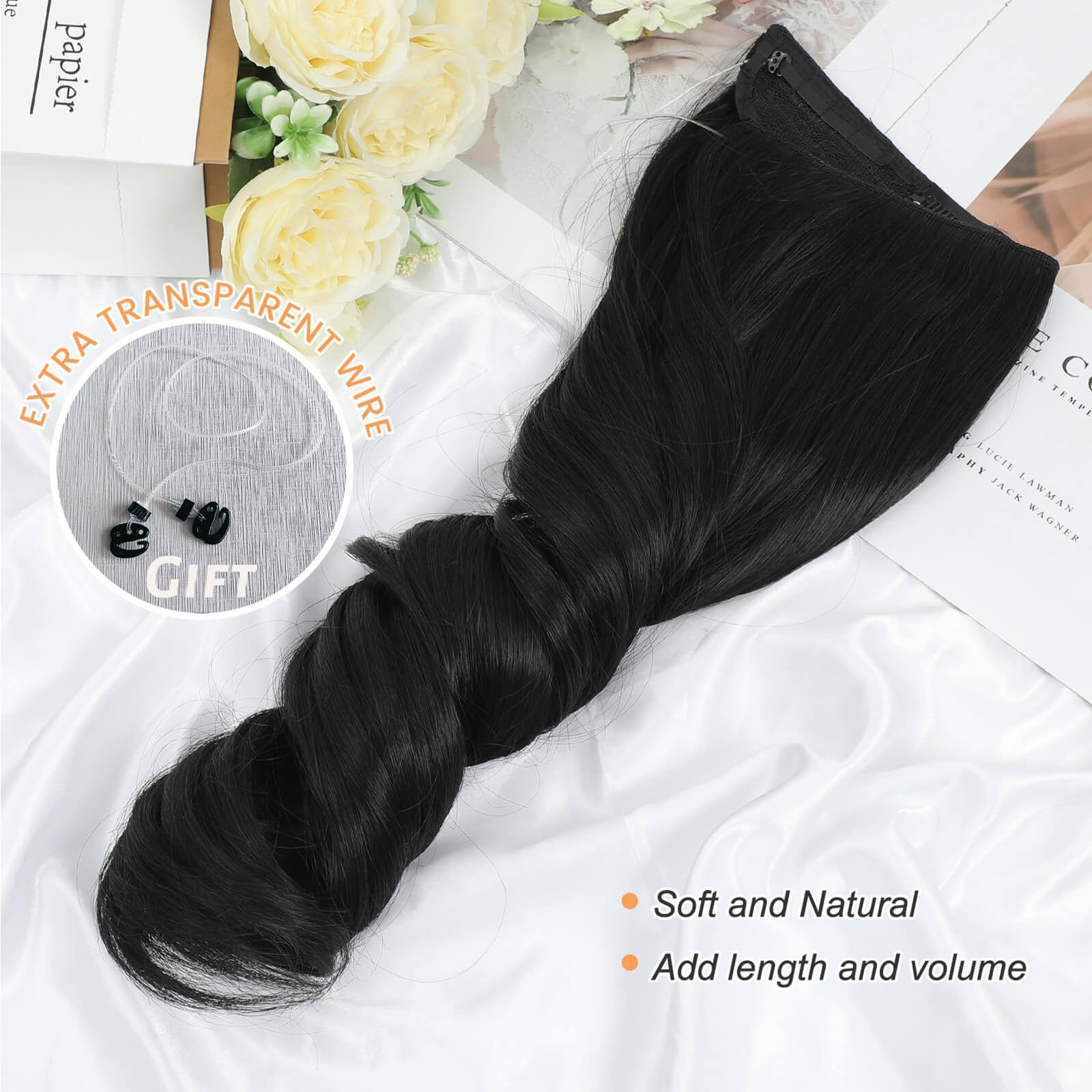 Flyroseing Dark Black Hair Extensions, Body Wavy Halos Hair Extension - Image 3