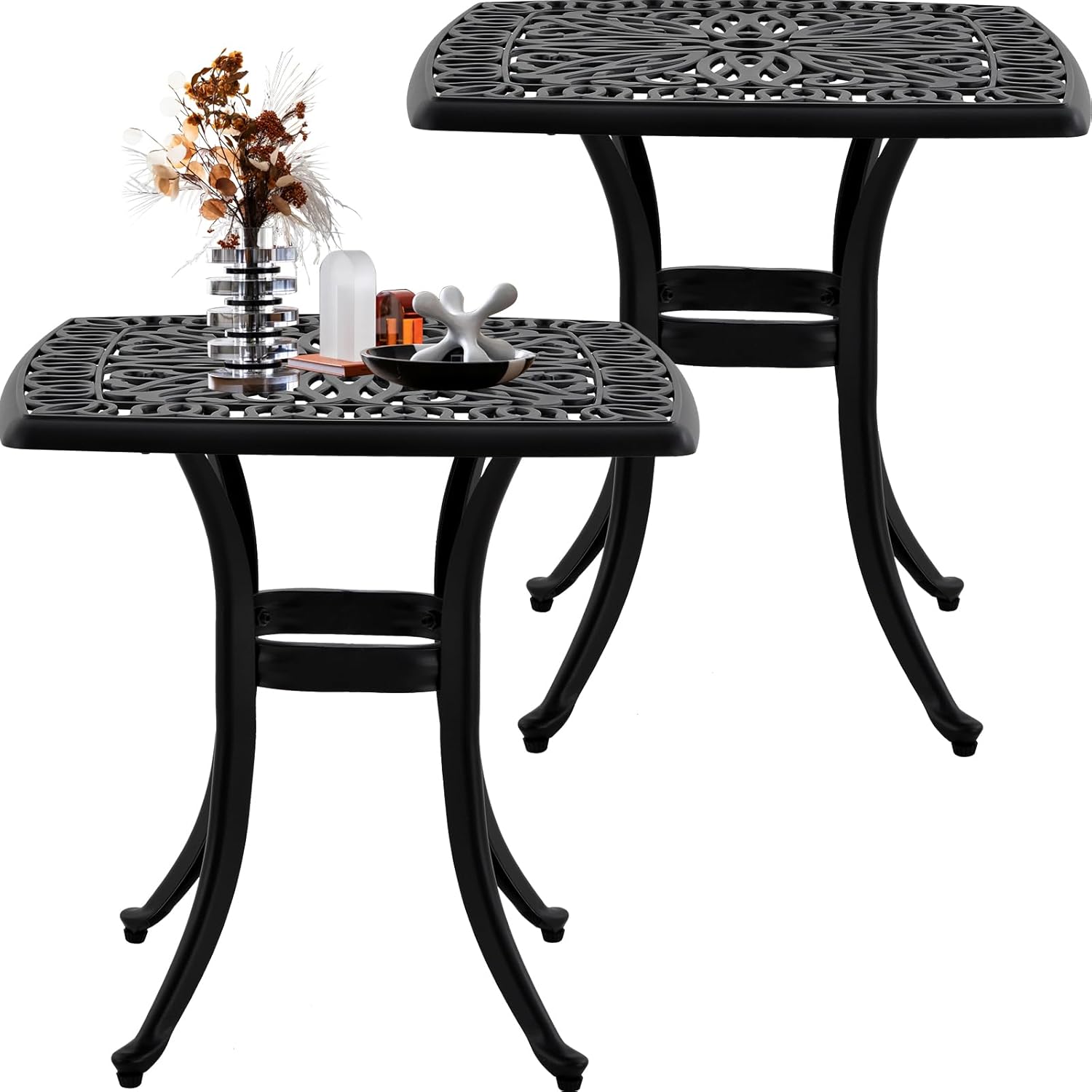 Outdoor 21" Cast Aluminum Square Side Table Set of 2 End Table for Patio, Backyard, Pool, Indoor Companion, Easy Maintenance and Weather Resistant, Black
