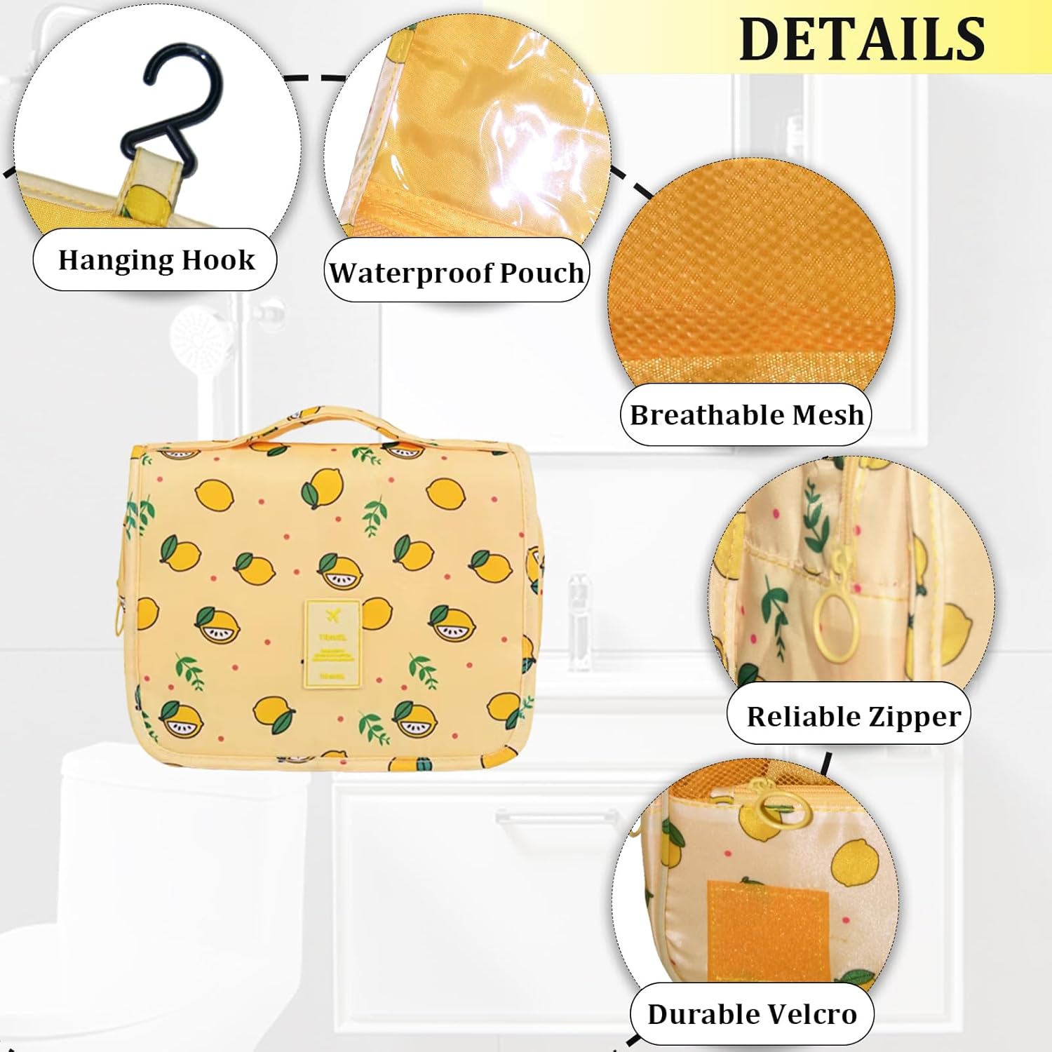 L&FY Hanging Travel Toiletry Bag Women's Cosmetic Organizer Makeup Pouch Men's Shaving Kits With Handle (Yellow Lemon) - Image 3