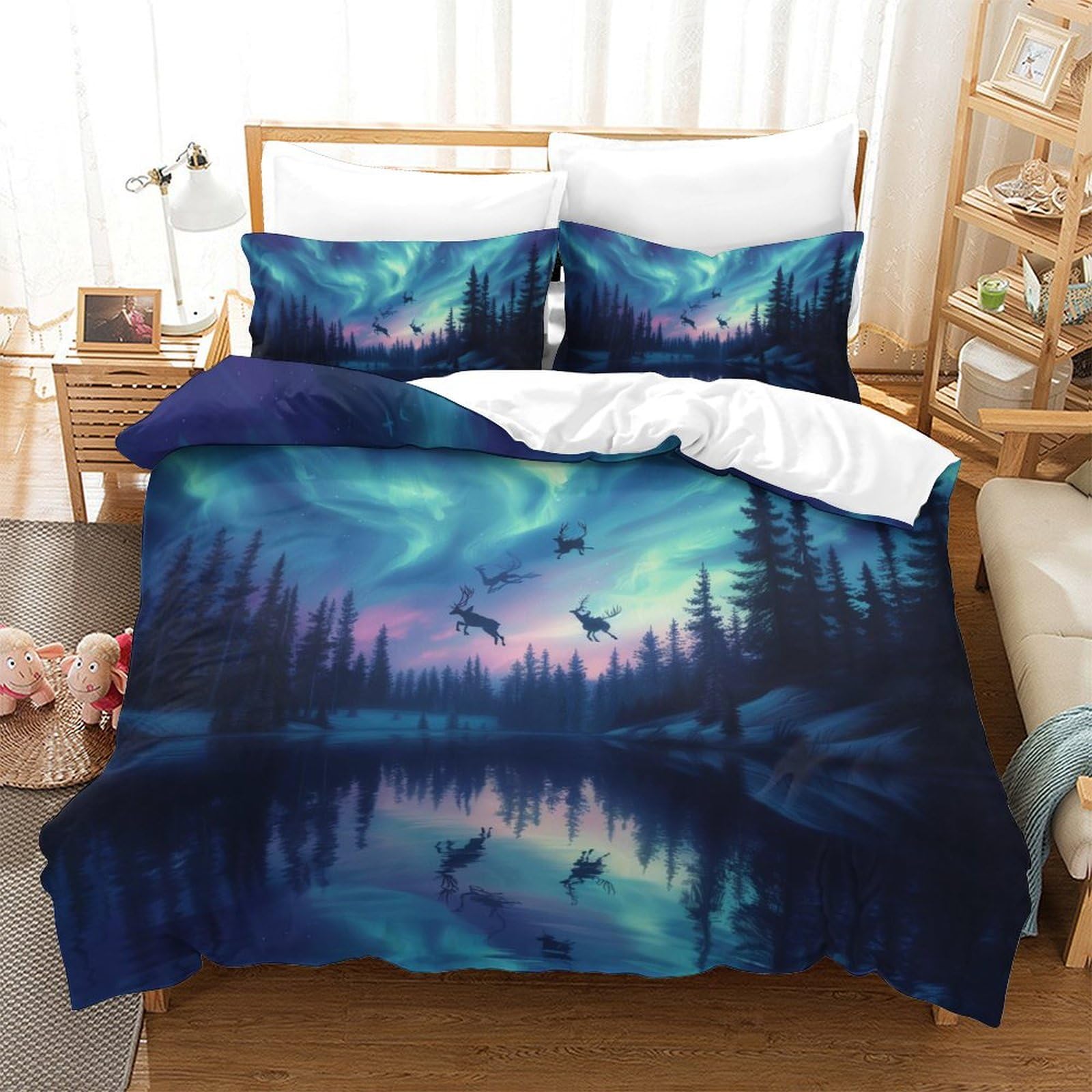 Housse de couette anti-décoloration motif aurore boréale pour lit double 3 pièces
