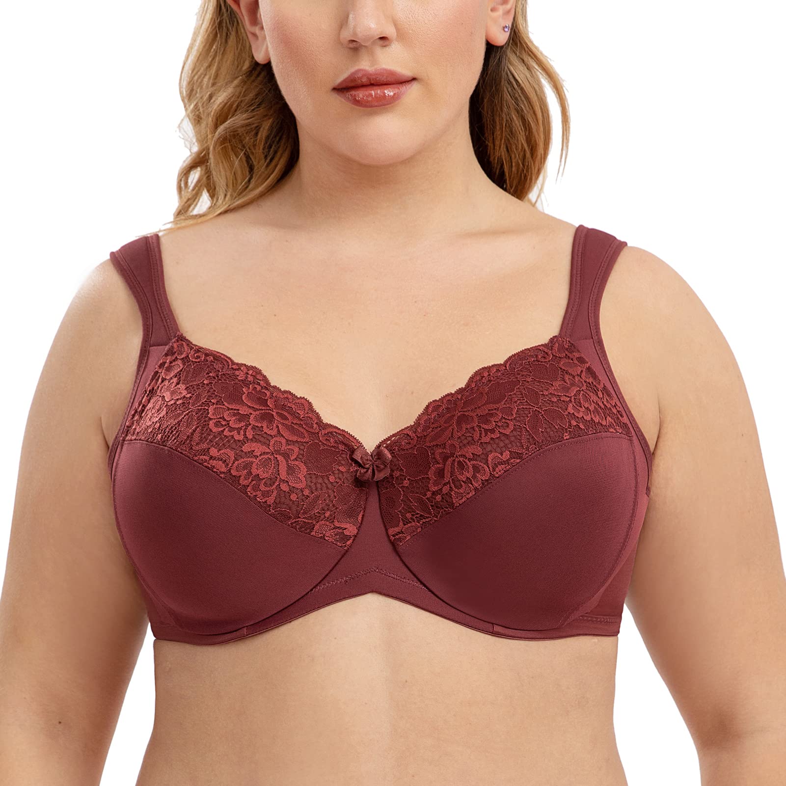 CASOLACE Women's Minimizer Cushion Strap Plus Size Full Coverage Lace Unlined Bra Cabernet Red 42C