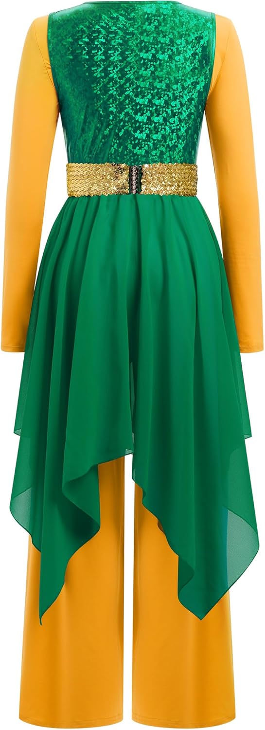 AFAVOM Praise Dance Dress for Women Metallic Asymmetric Overlay + Jumpsuit Pants + Belt Worship Liturgical Dancewear Costume - Image 2