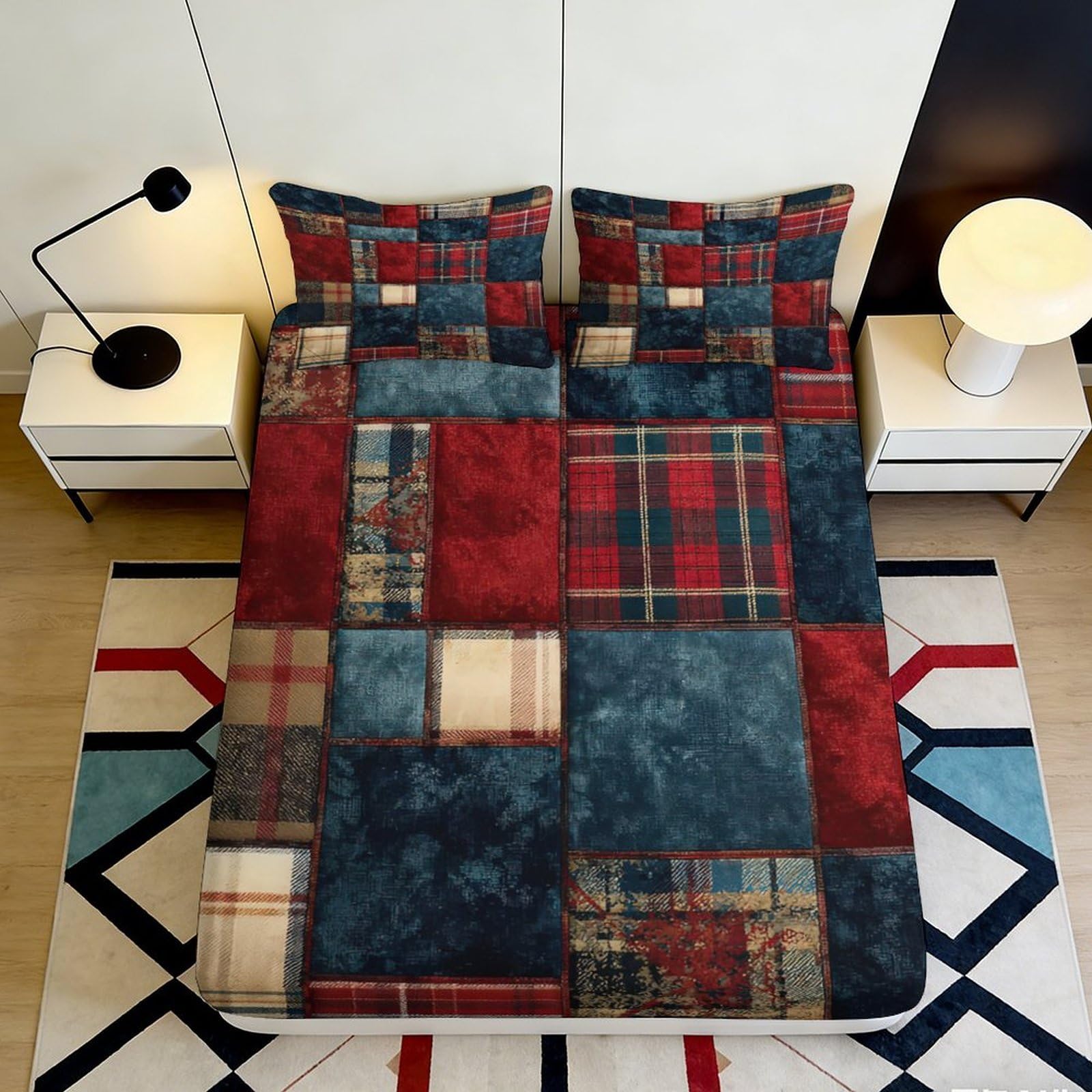 3D Printed Patchwork Plaid Fitted Sheet Microfiber Soft Decorative Vintage Squares Mattress Cover for Bedroom Dorm 90x200x25cm