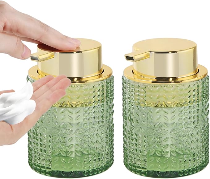 2pcs Foaming Soap Dispenser, Glass Foam Soap Dispenser with Gold Pump, 10 Oz Green Bathroom Lotion Container Pump Bottle with Vintage Pattern for Decor