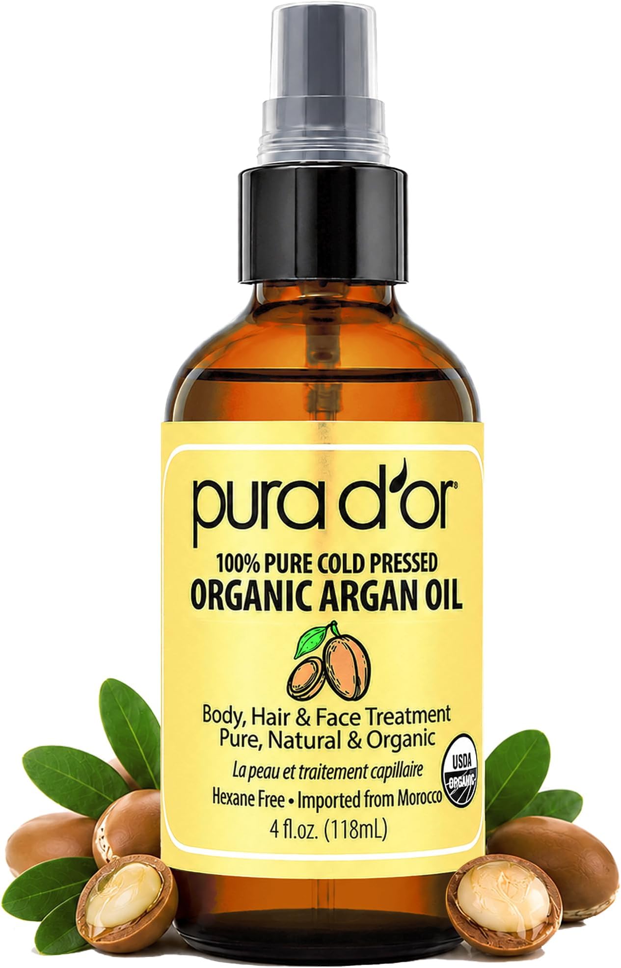 PURA D'OR USDA Organic Moroccan Argan Oil–100% Pure Cold-Pressed Virgin Grade–Treatment for Hair, Skin, Face, Body– Helps Dry Skin, Scalp Care, Split Ends, Nails & Cuticles 4 Oz - Hair Regrowth Tonic