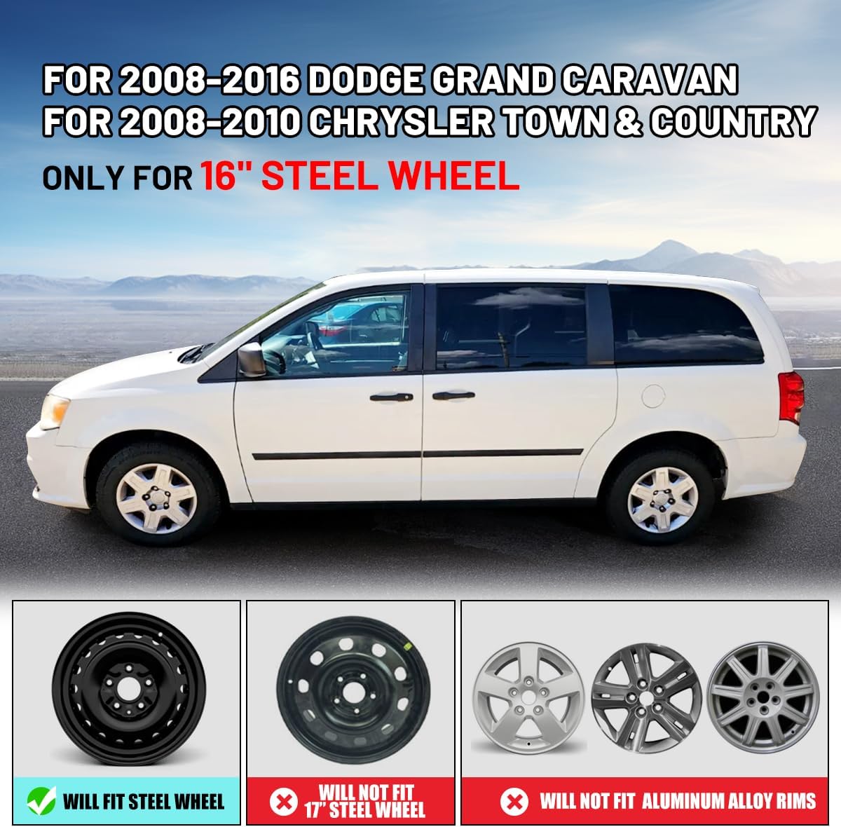 Hubcaps 16 Inch Wheel Covers Fit for Dodge Grand Caravan 2008-2016 / Chrysler Town & Country 2008-2010, R16 Hub Caps Wheel Rims Covers Bolt-On Car, Set of 4, ABS & PC Material (Lacquer)