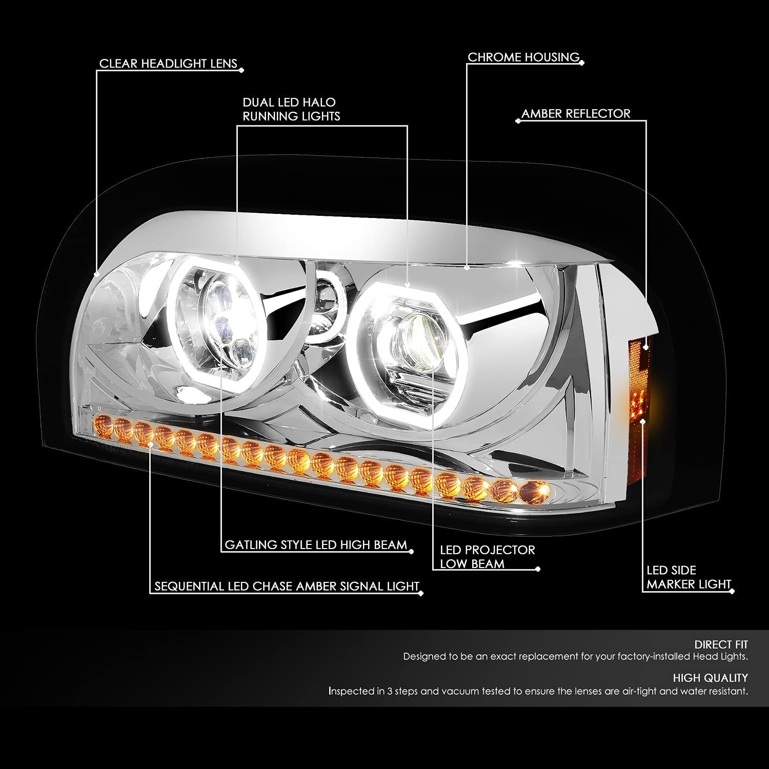 DNA MOTORING HL-HAY-009-CH Chrome Amber Sequential Chase Turn Signal Headlights w/Dual LED Halo DRL Compatible with 96-10 Freightliner Century, Left & Right Side