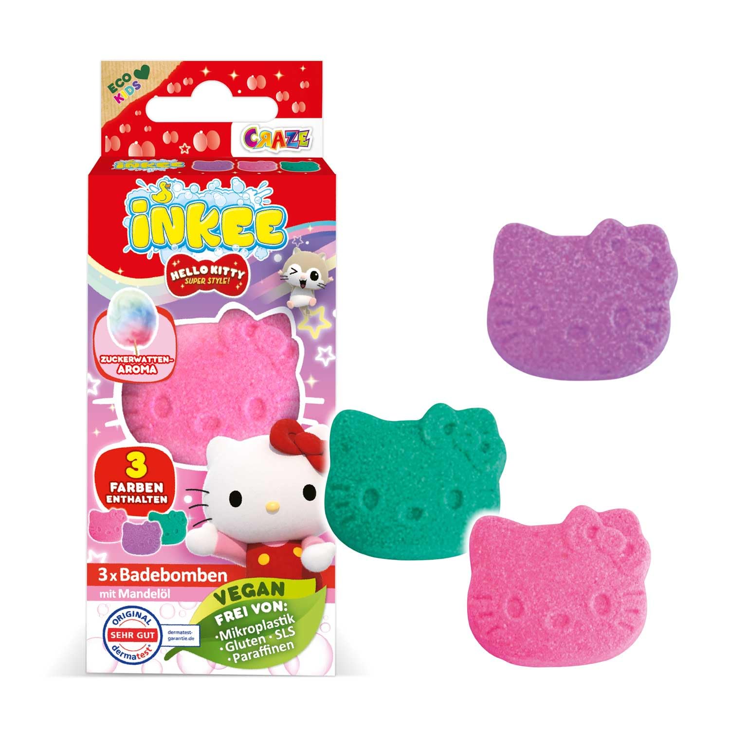 INKEE Mini Pack Hello Kitty, Set of 3 Bath Bombs for Children with Shapes of Their Hello Kitty Characters and Cotton Candy Scent