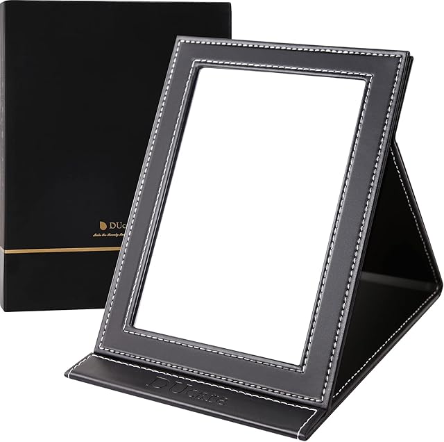 DUcare Lusterko podróżne, lusterko kosmetyczne, lusterko do makijażu, składane lusterko stołowe, etui ze skóry PU (L-czarny)