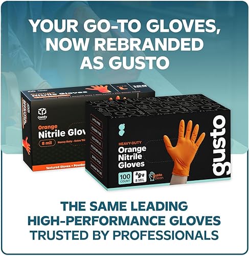 Miniatura 2 de GUSTO 8 Mil Disposable Orange Nitrile Gloves HEAVY DUTY, Industrial, Diamond Texture - Formerly Comfy Package