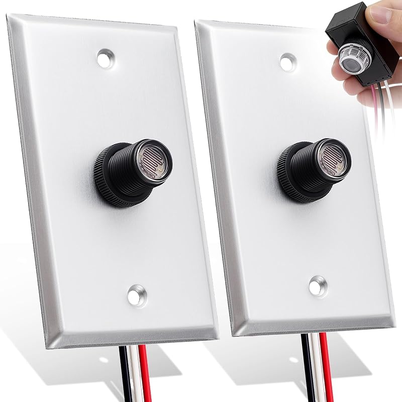 Retisee 2 Pcs Photocell Sensor for Outdoor Lights with Photocell and Wall Plate, Hardwire Light Control, Controls Lighting Dusk to Dawn Compatible with Incandescent Compact Fluorescent Halogen LED